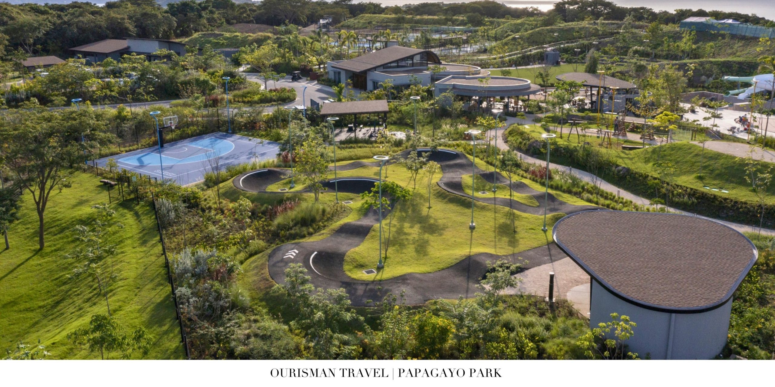 Family-friendly Papagayo Park featuring splash pad playground and multi-sport courts