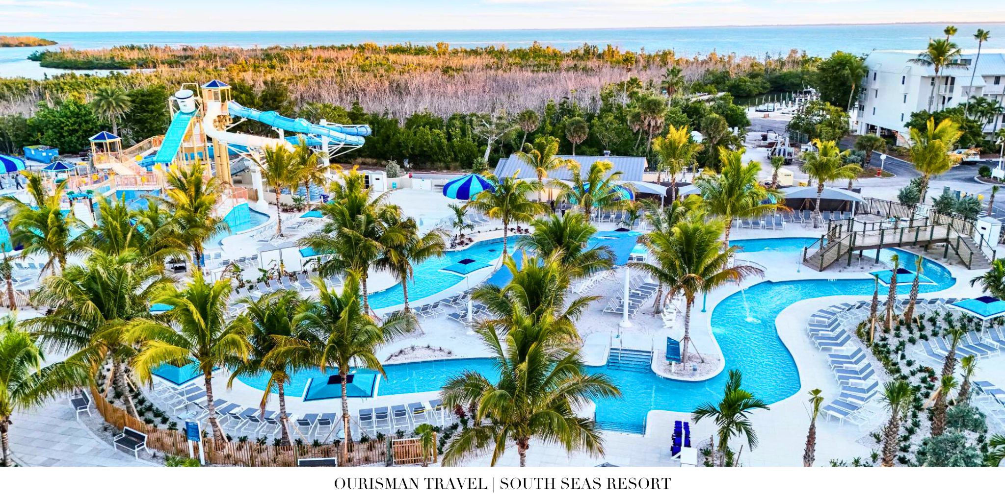 Family-friendly waterpark at South Seas Resort with winding lazy river and splash zones