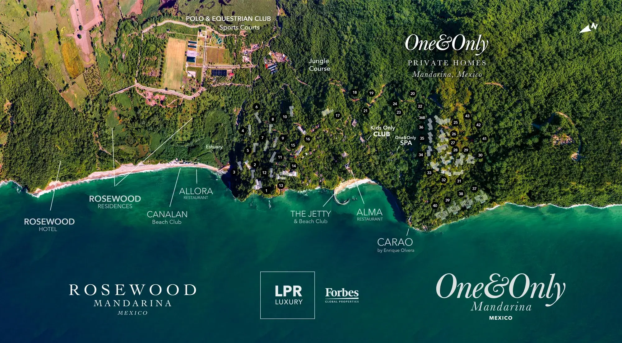 Mandarina master map illustrating One&Only Mandarina, Rosewood Mandarina, and shared amenities across the complex