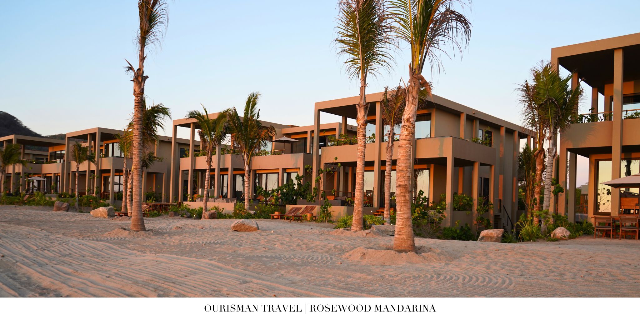 Rosewood Mandarina beachfront layout with low-rise buildings set along a wide stretch of Pacific coastline