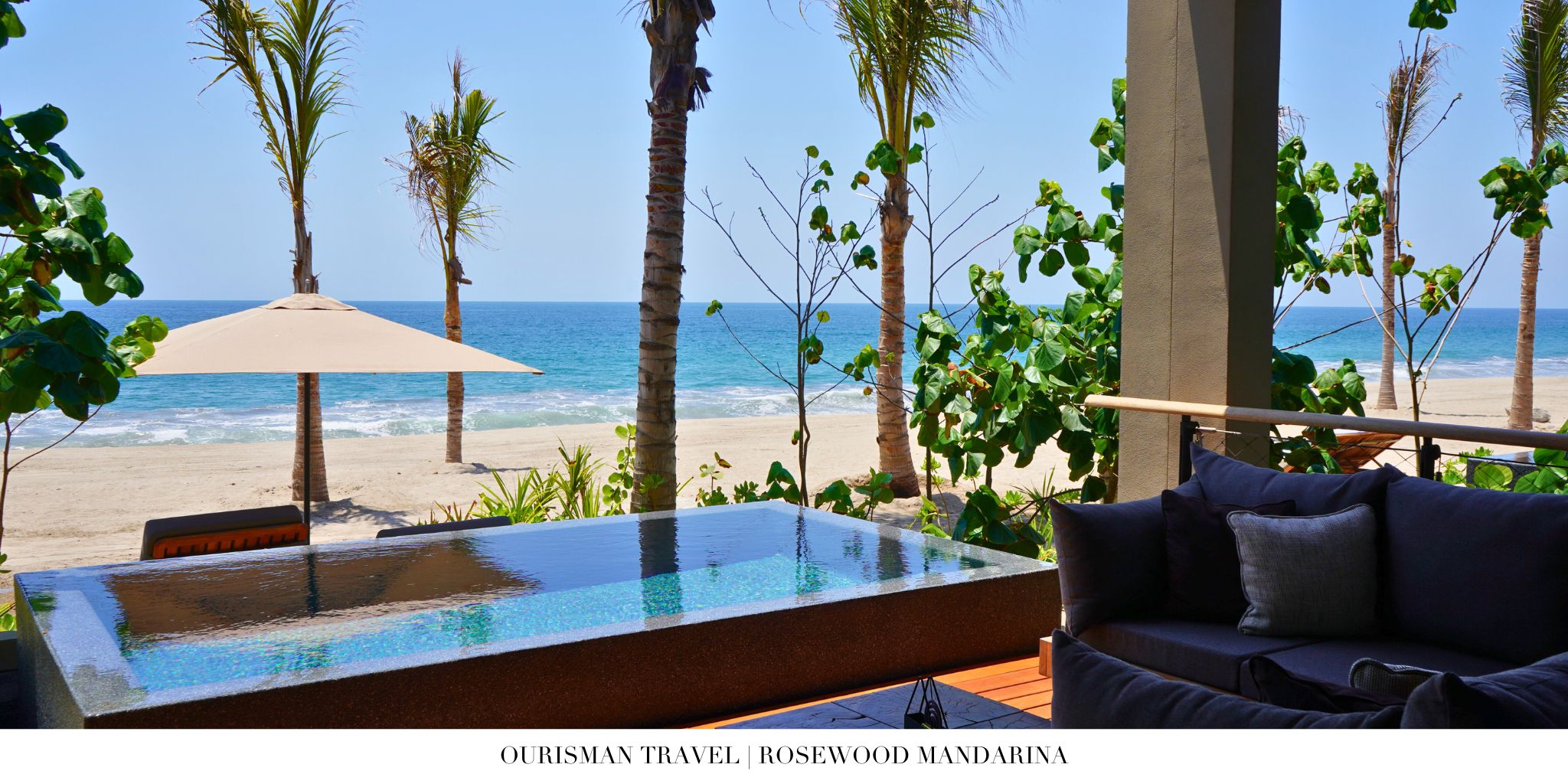 Rosewood Mandarina beachfront villa with open-air living space and tropical landscaping