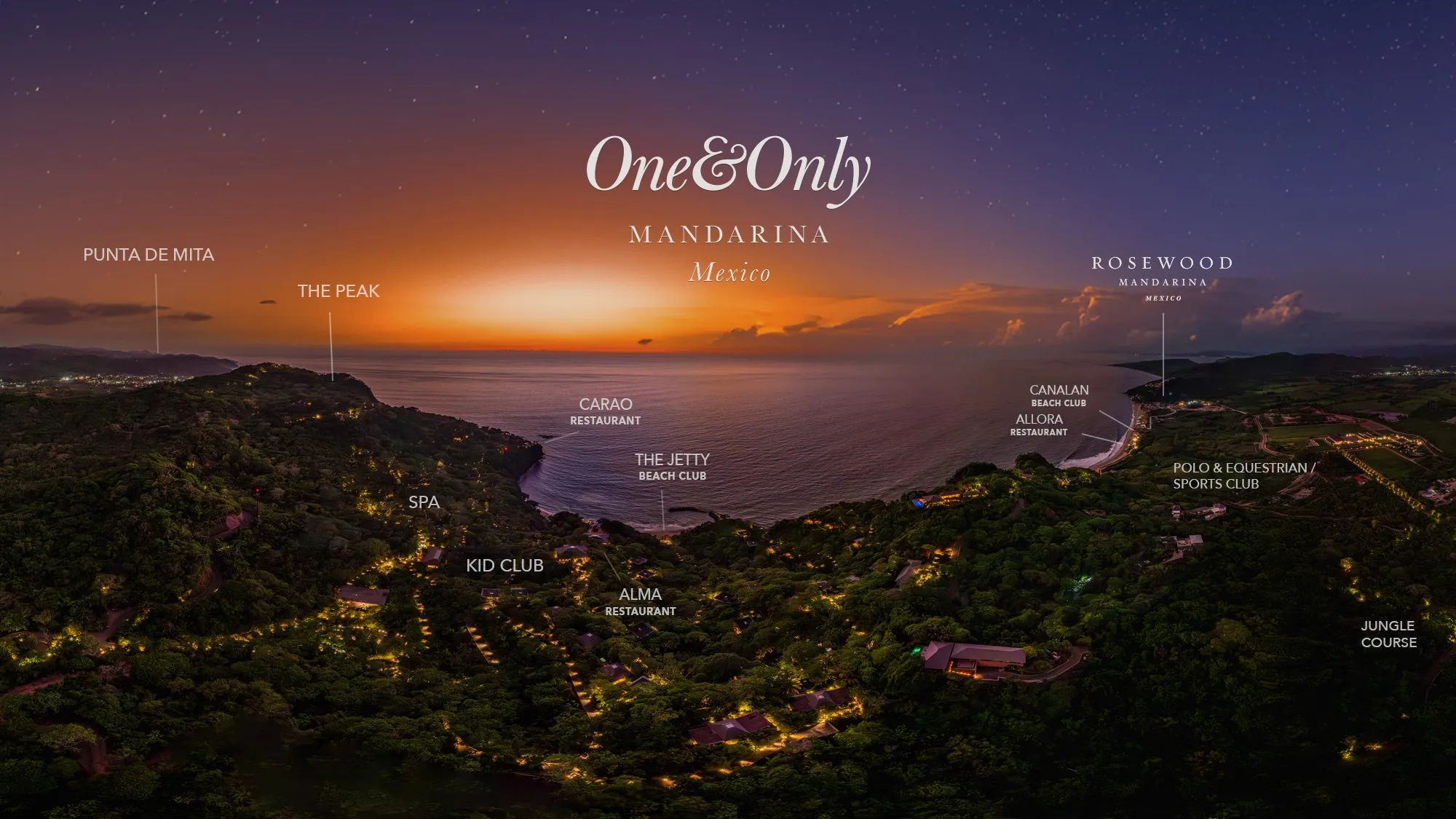 Resort map of One&Only Mandarina showing villa locations, dining venues, and jungle hillside layout