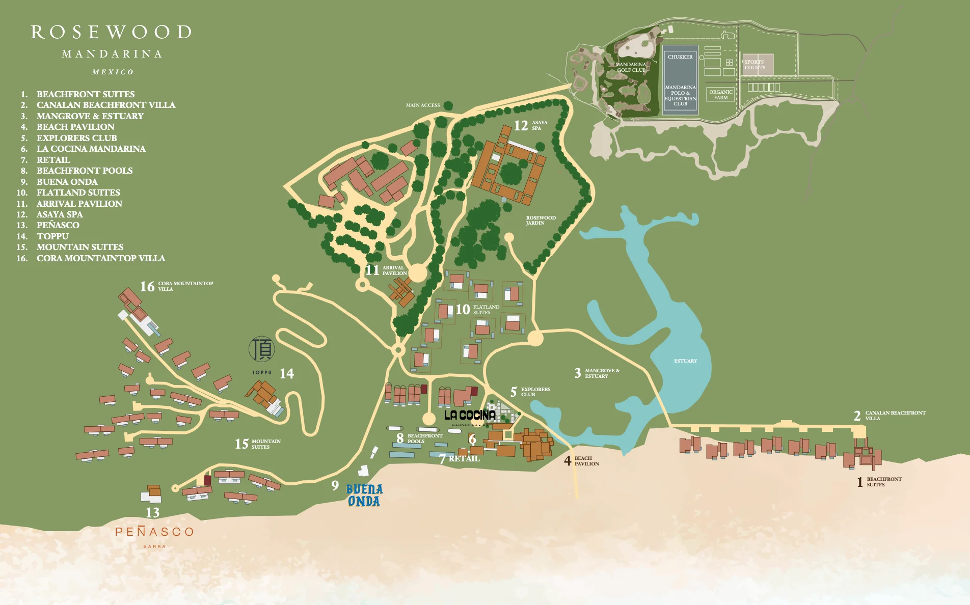 Rosewood Mandarina resort map highlighting beachfront buildings, pools, and dining areas