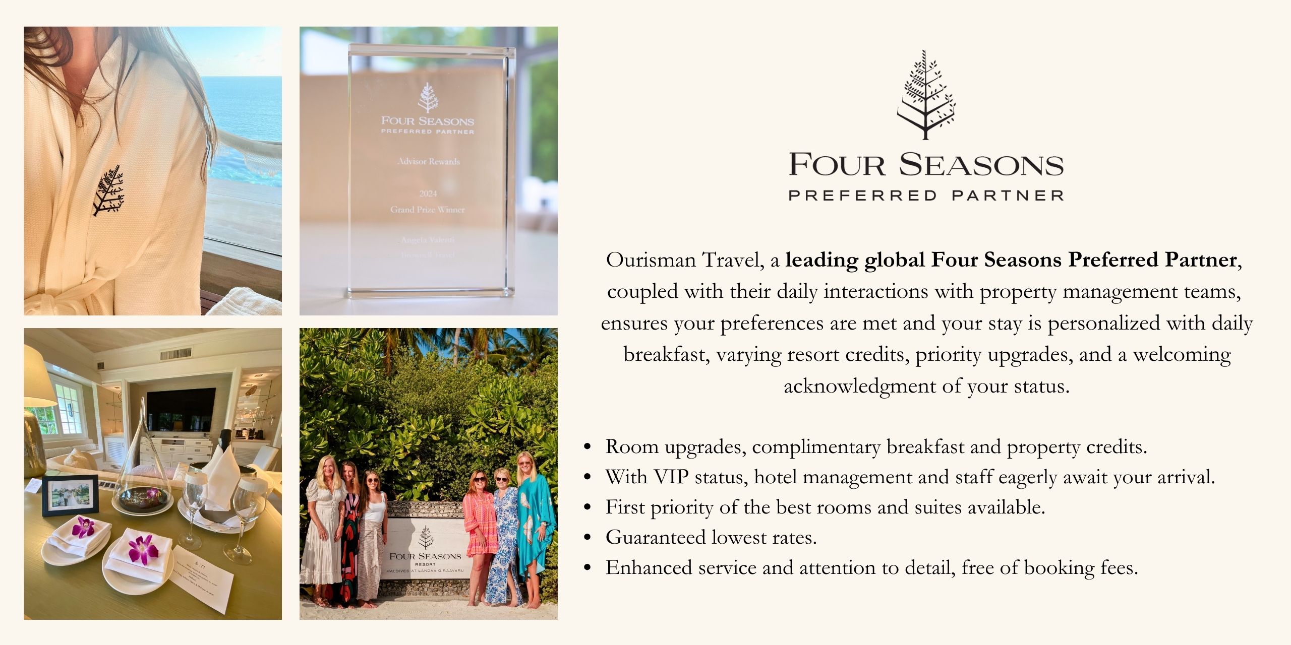 Four Seasons Preferred Partner benefits including daily breakfast, room upgrades, and hotel credits