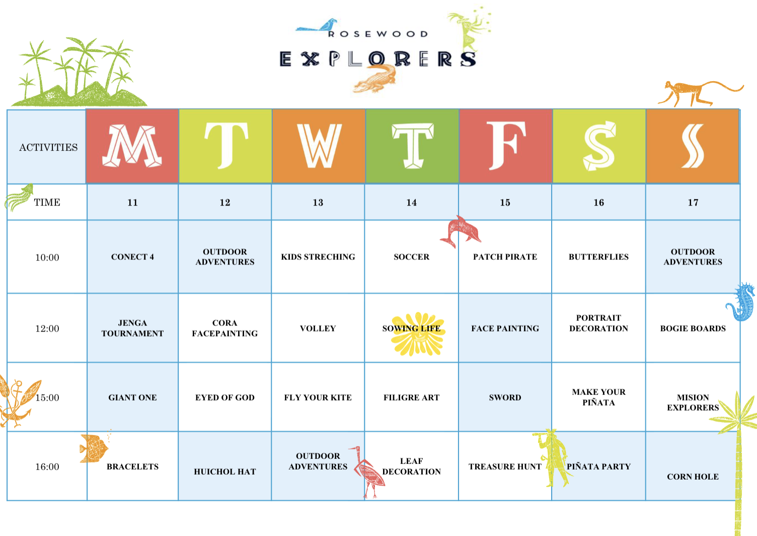complementary activity calendar for the kids club at Rosewood Mandarina