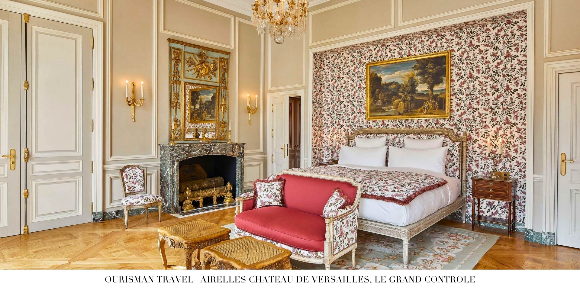 Luxurious guest bedroom at Le Grand Contrôle featuring elegant furnishings and Versailles garden views