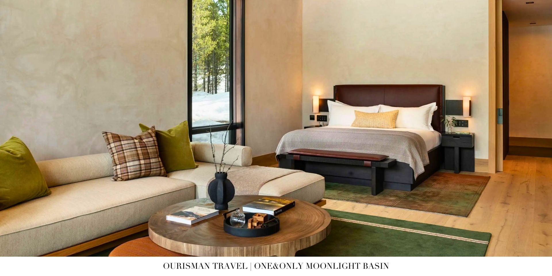 Luxury guest room at One&Only Moonlight Basin featuring rustic-modern décor and mountain views