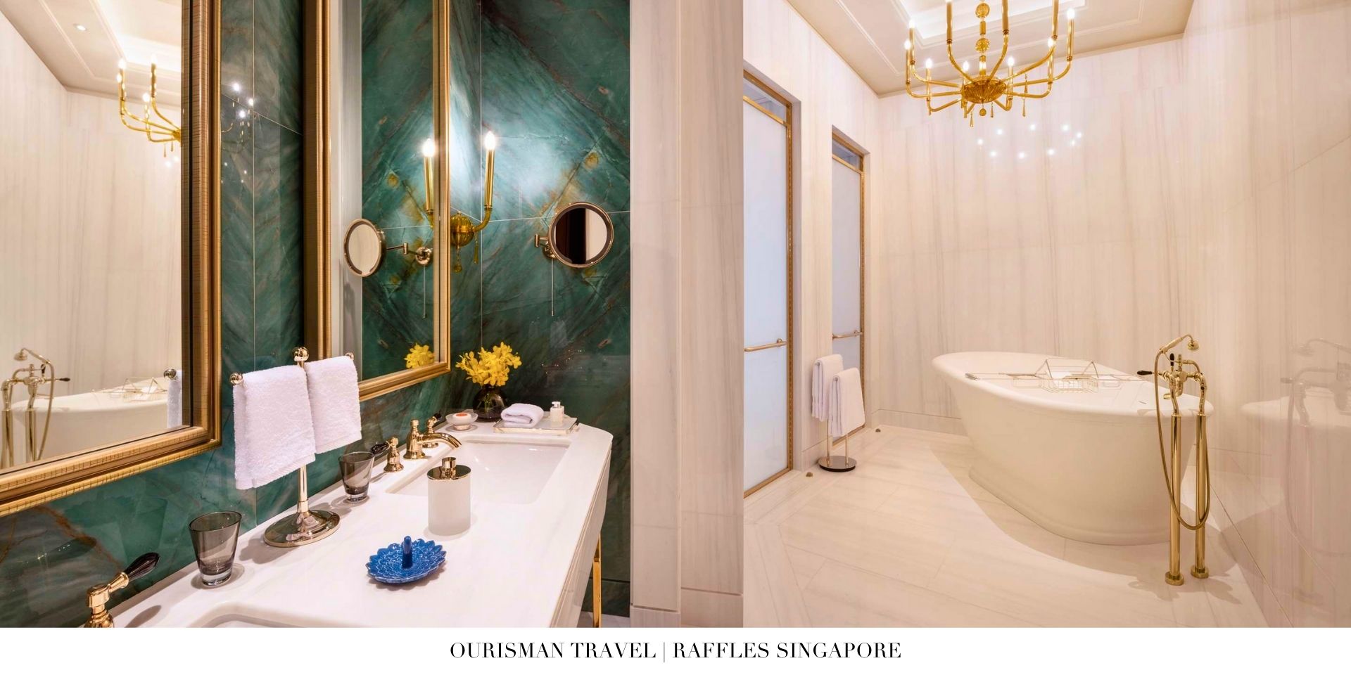 Spa-inspired bathroom at Raffles Singapore featuring marble finishes and freestanding tub