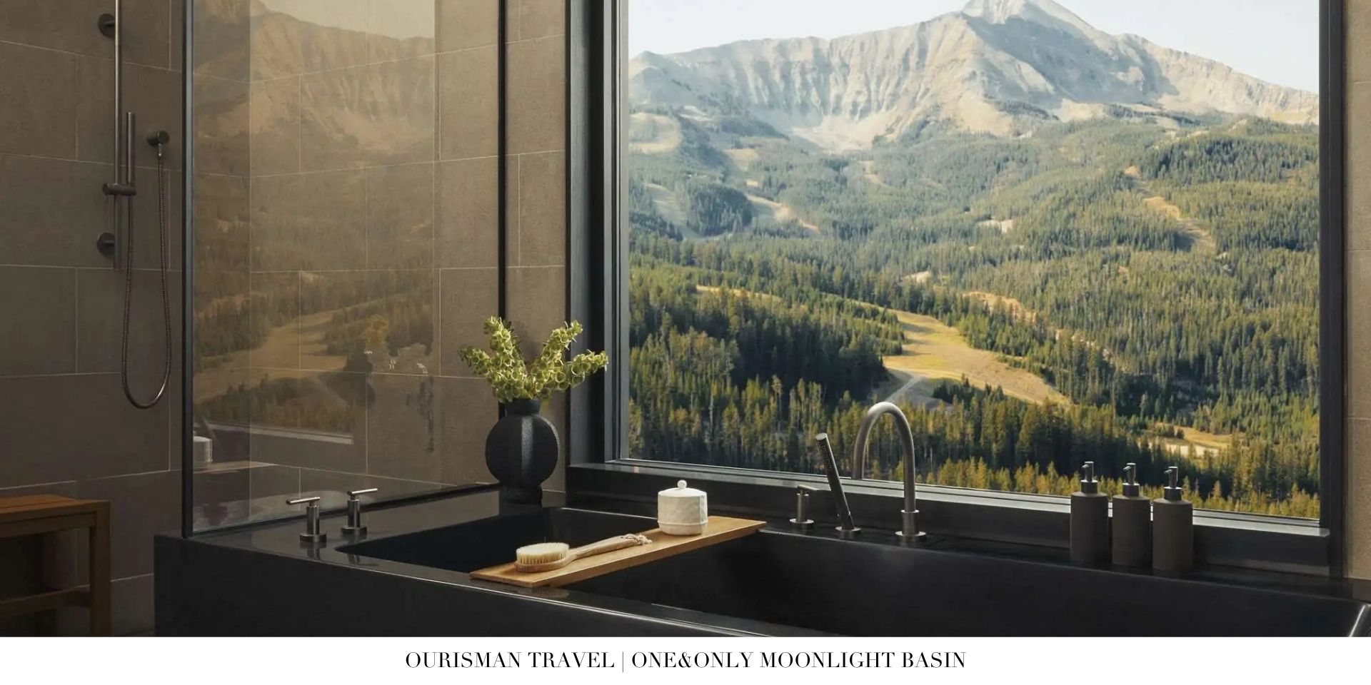 Spa-inspired bathroom at One&Only Moonlight Basin with deep soaking tub, natural stone finishes, and mountain views