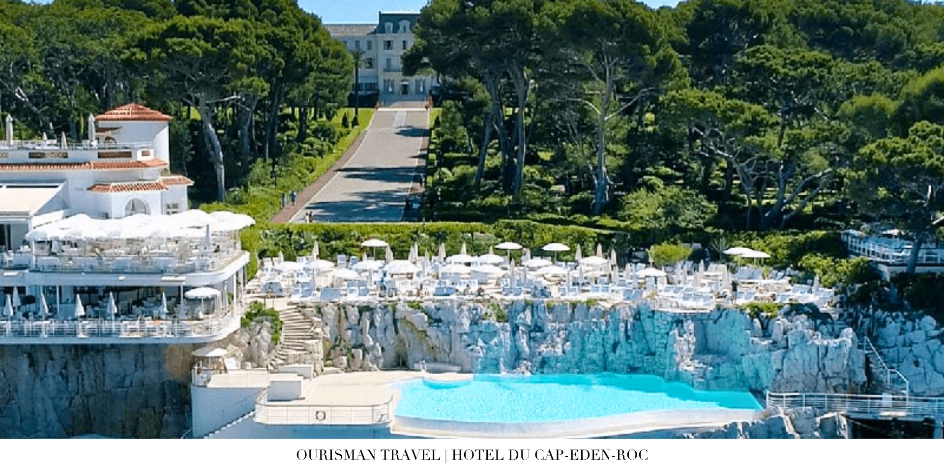Cliffside view of Hotel du Cap-Eden-Roc with private terraces overlooking the Mediterranean