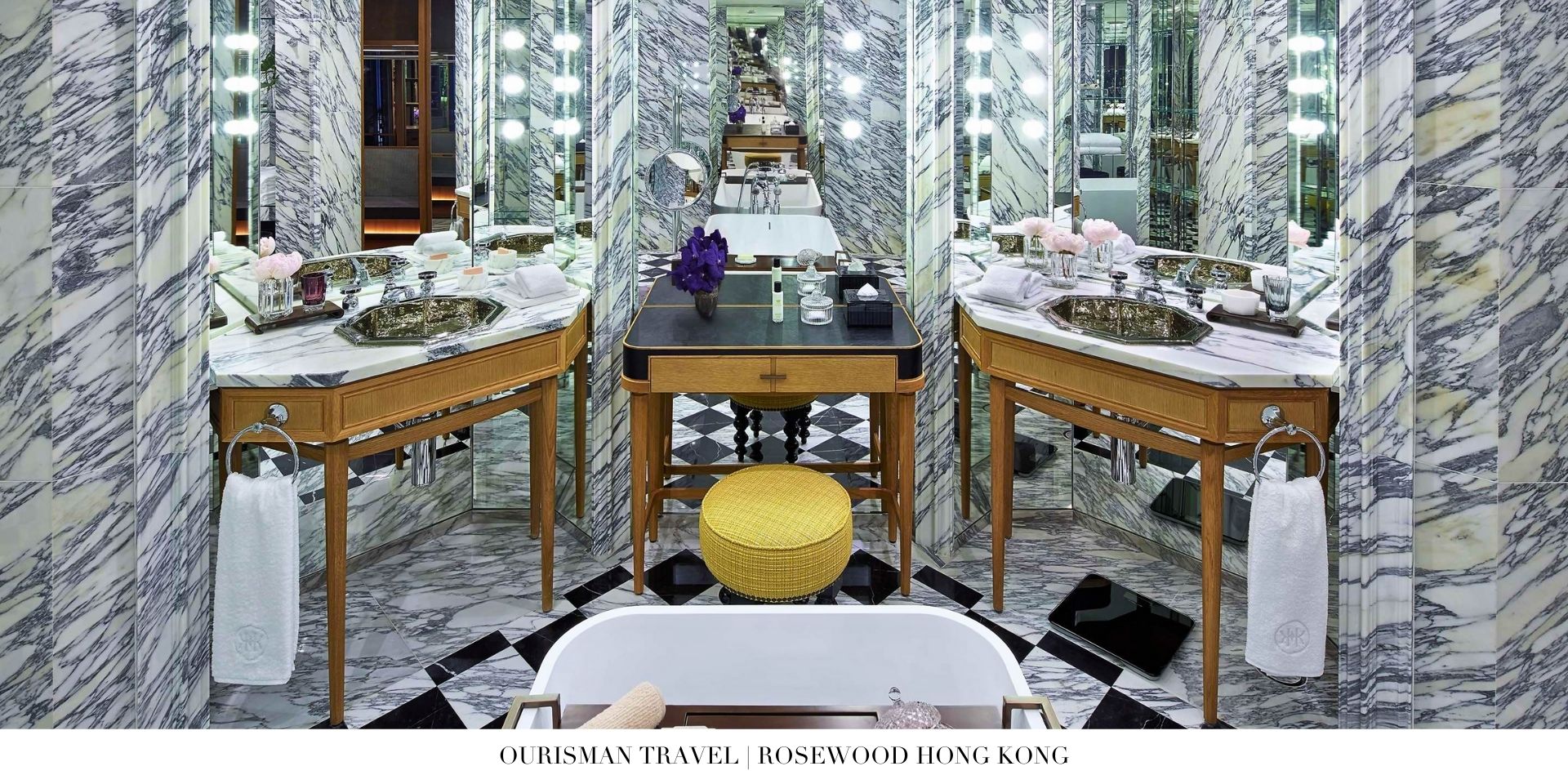 Spa-inspired bathroom at Rosewood Hong Kong with soaking tub and sleek marble finishes