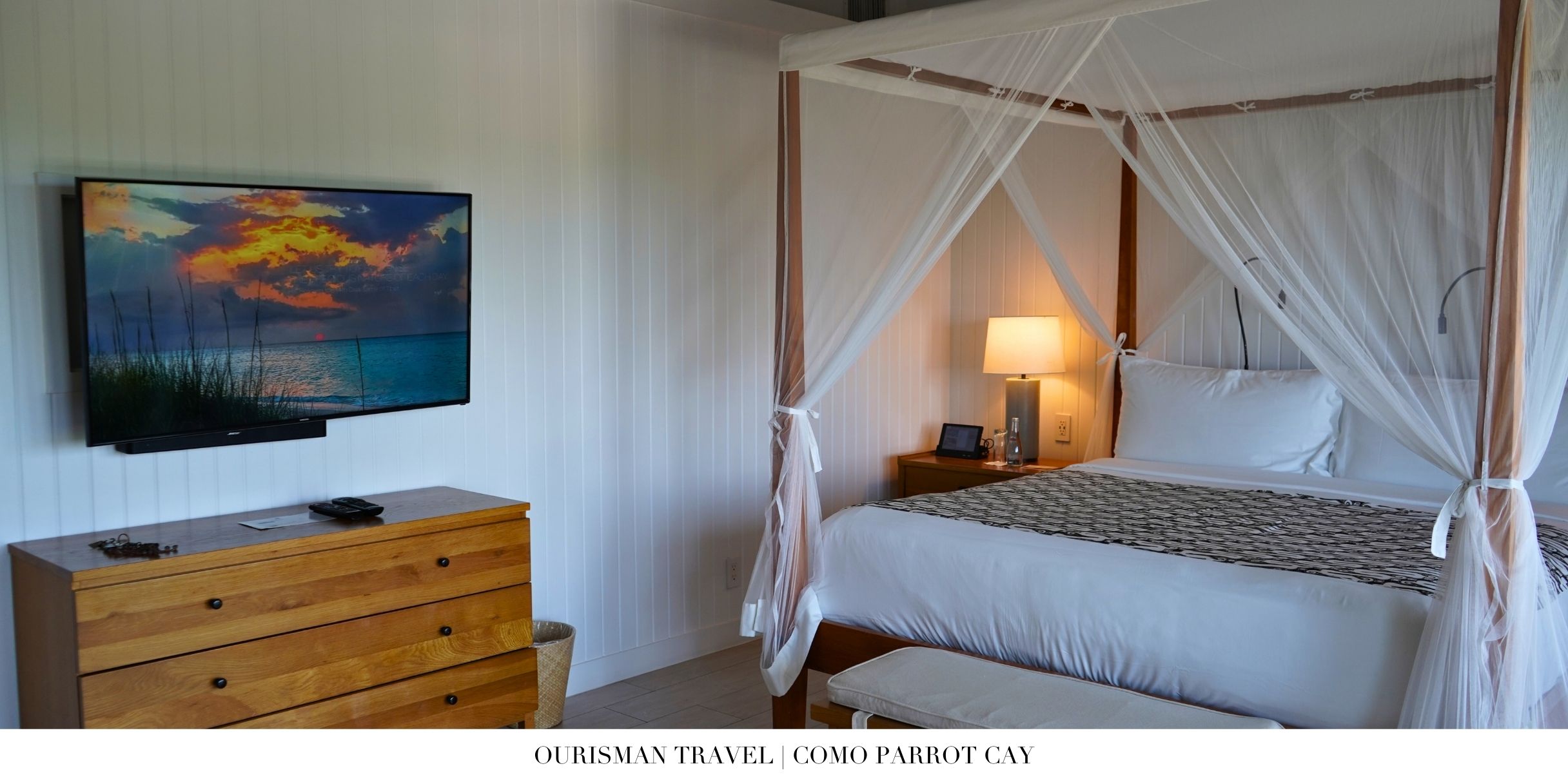 Light-filled bedroom at COMO Parrot Cay with king bed, neutral tones, and private terrace views