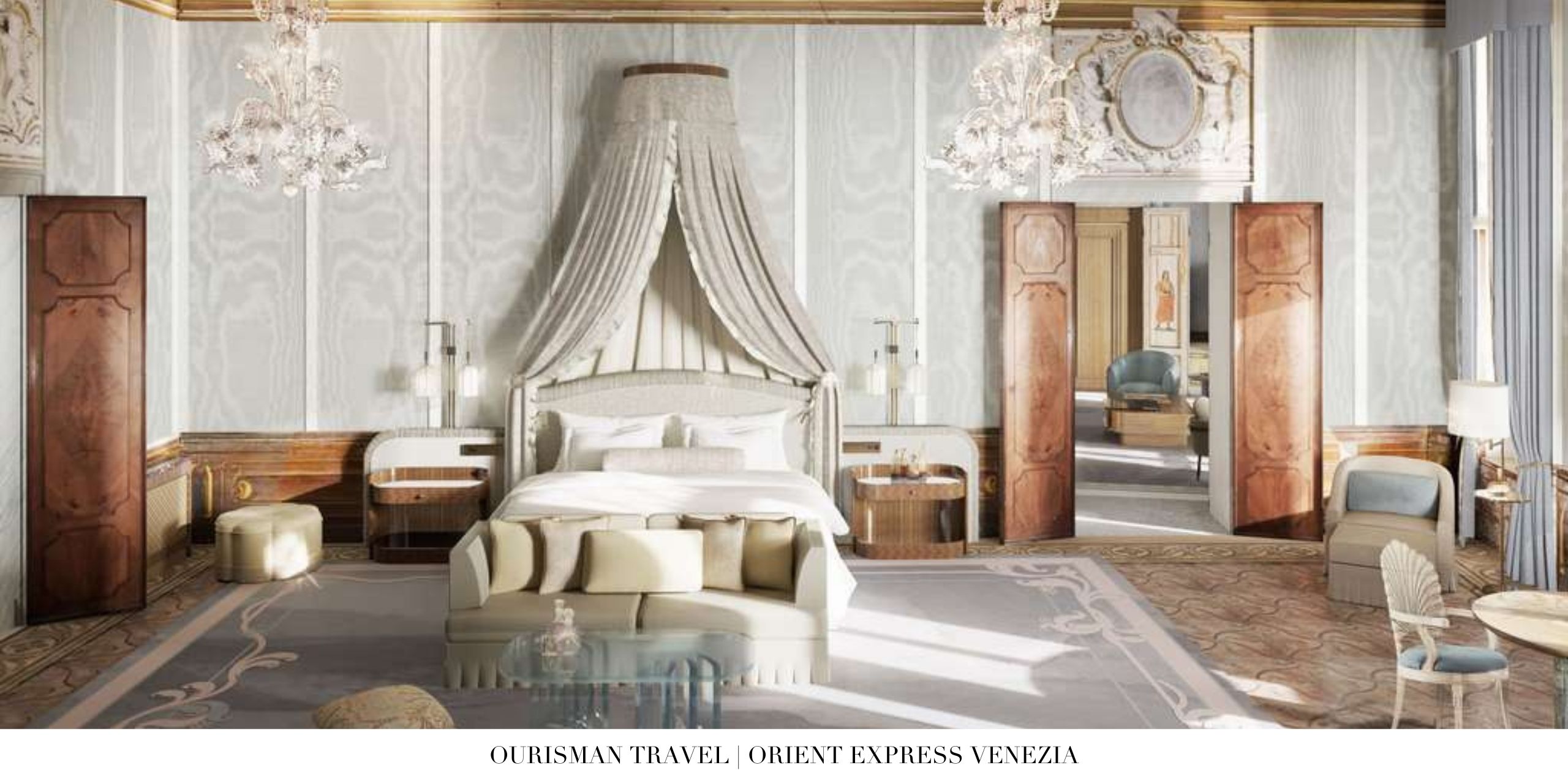 Bedroom with classic Venetian décor at Orient Express Venice Hotel
