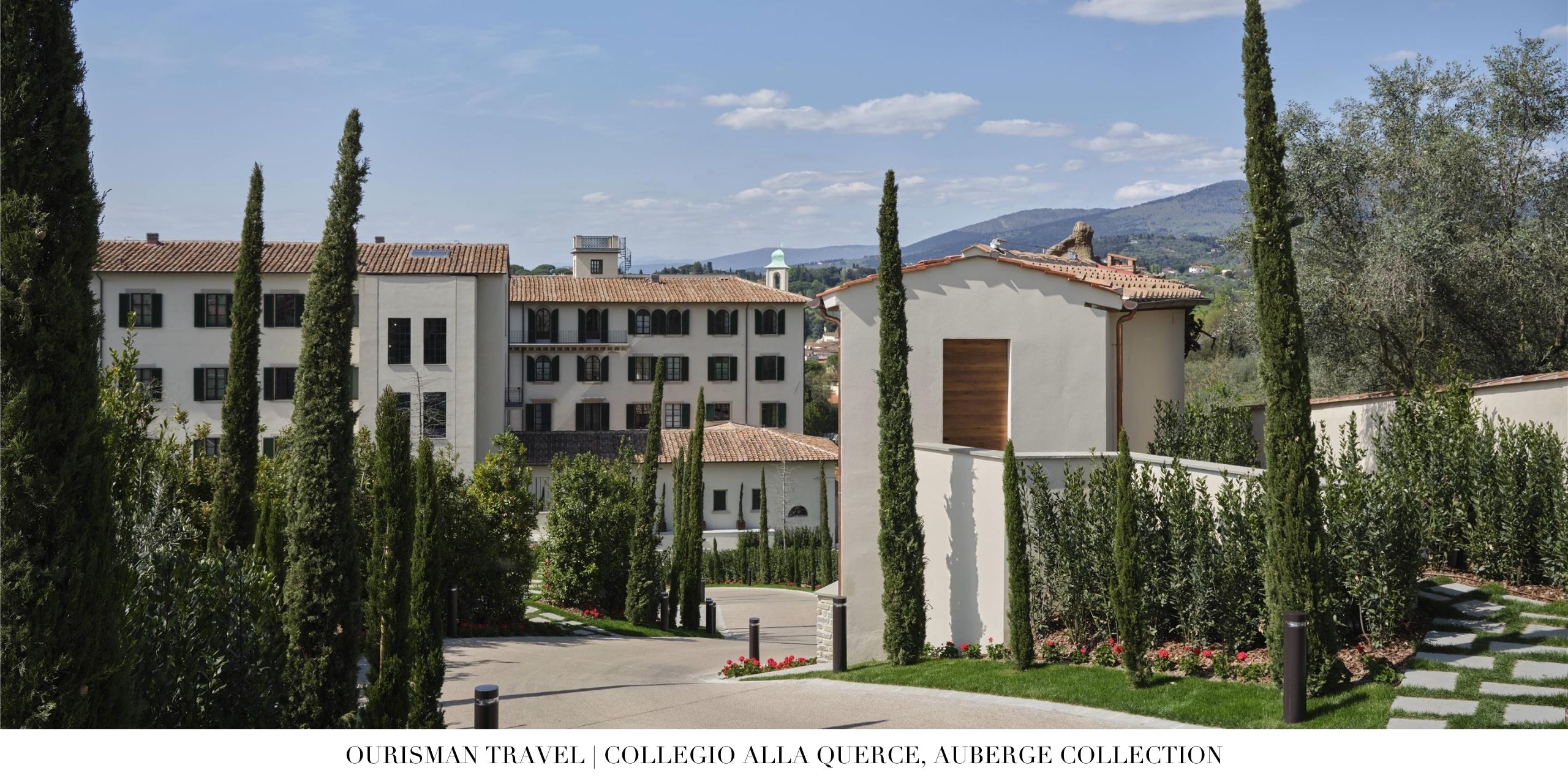 Tree-lined approach and historic façade of Collegio alla Querce