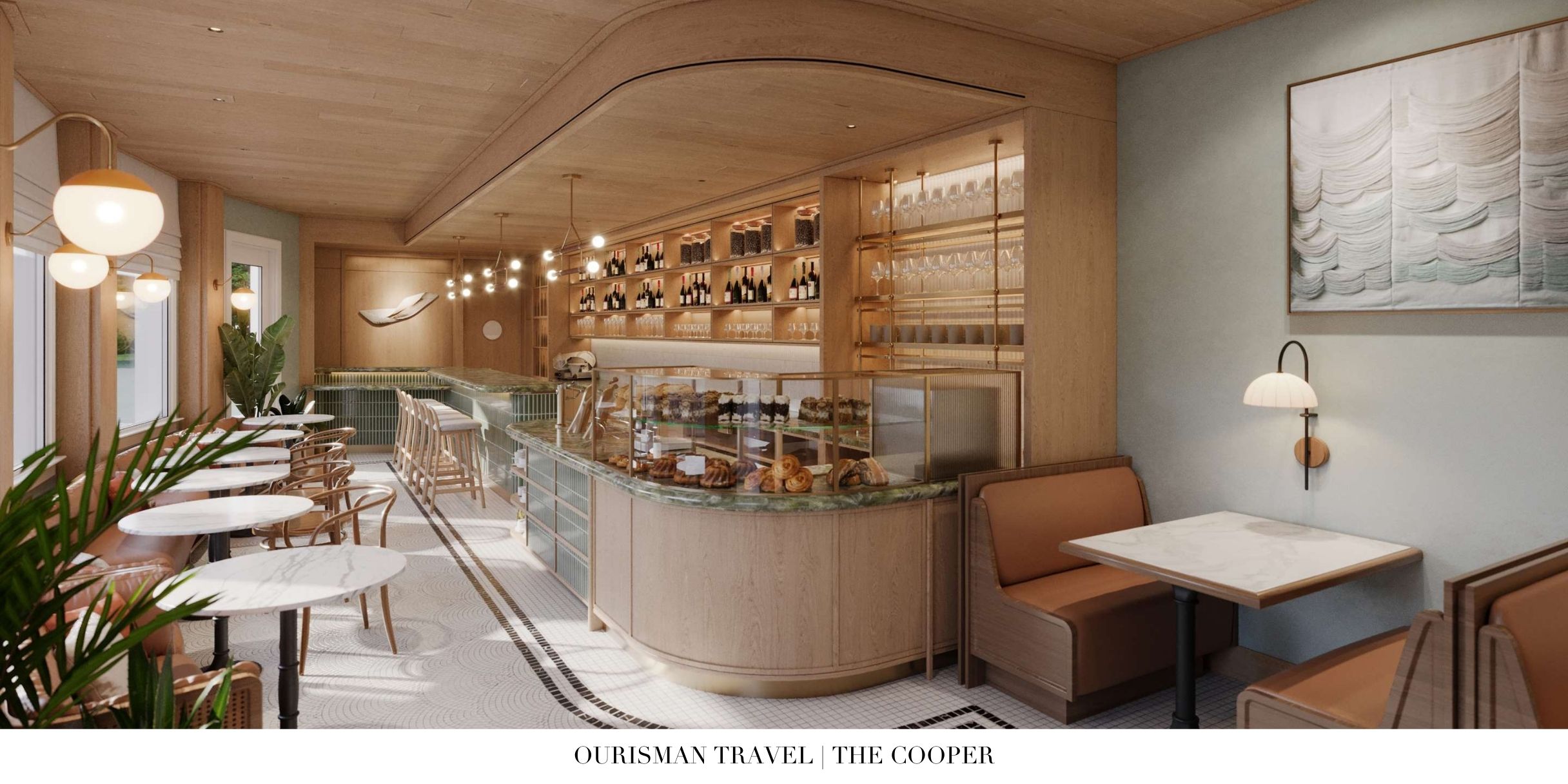 Café seating area inside The Cooper hotel in Charleston