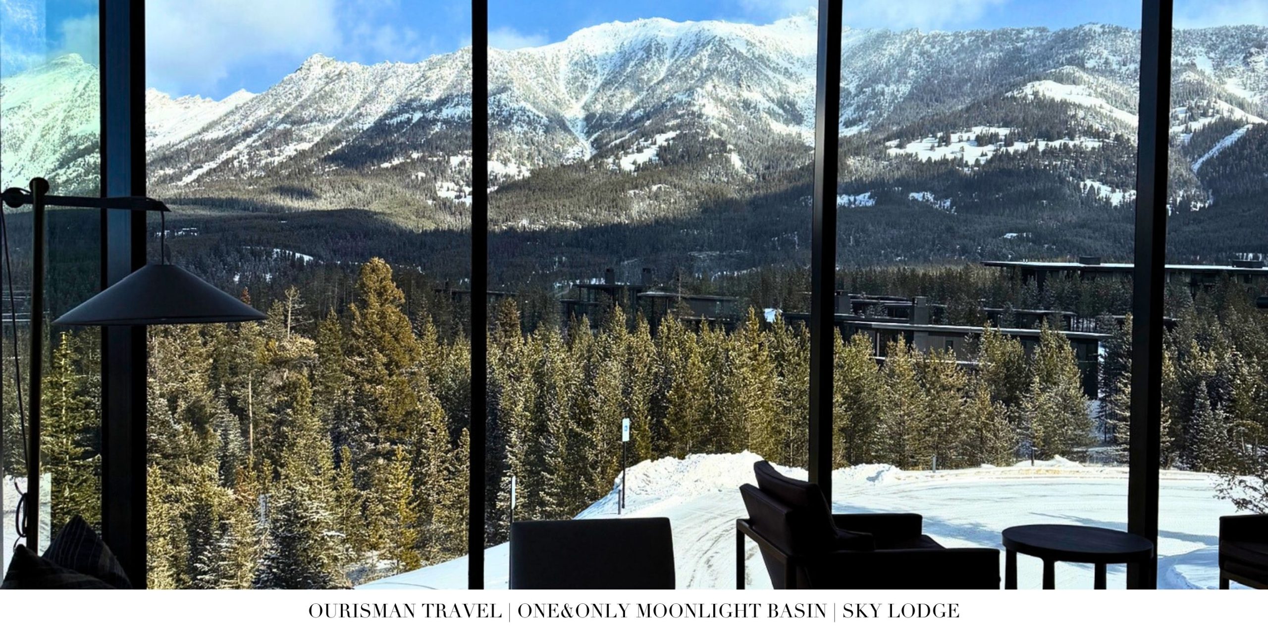 Winter view of Sky Lodge at One&Only Moonlight Basin surrounded by snow and ski-in access.