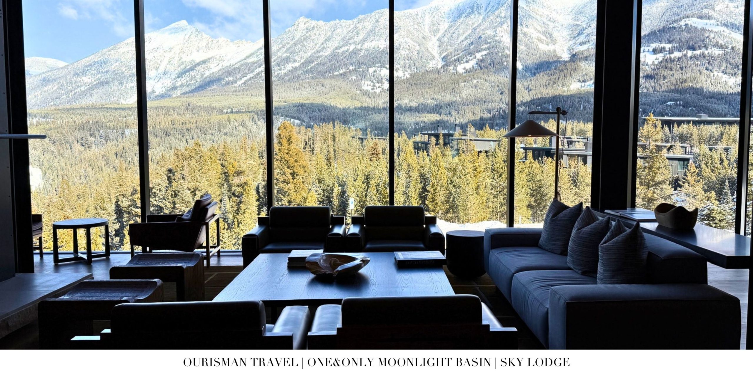 Fireplace lounge at Sky Lodge in One&Only Moonlight Basin with plush seating and rustic-chic alpine décor.