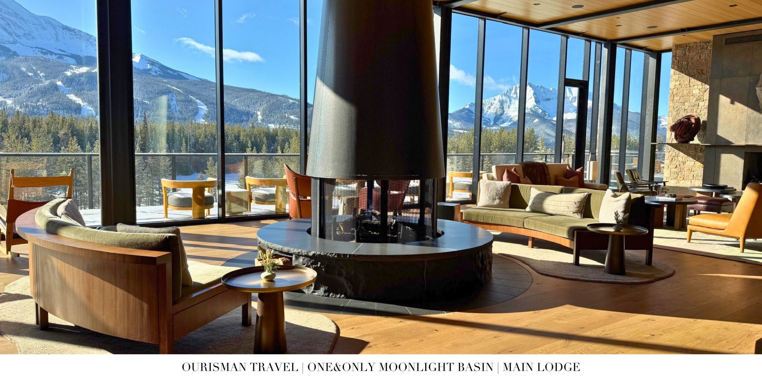 Open-concept gathering space within the Main Lodge at One&Only Moonlight Basin designed for relaxation and socializing.