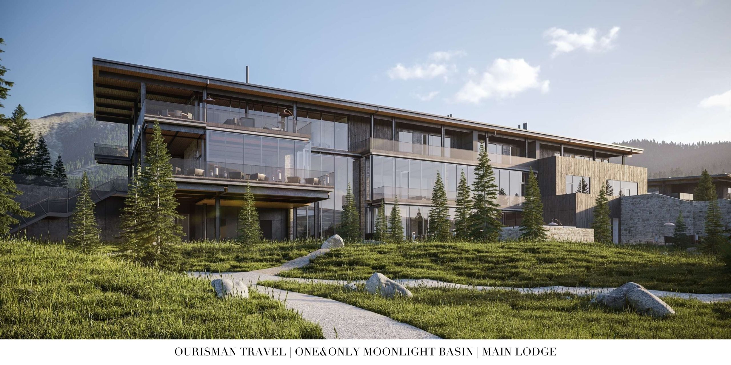 One&Only Moonlight Basin resort exterior in Big Sky, Montana, showcasing modern alpine architecture set against sweeping mountain views.