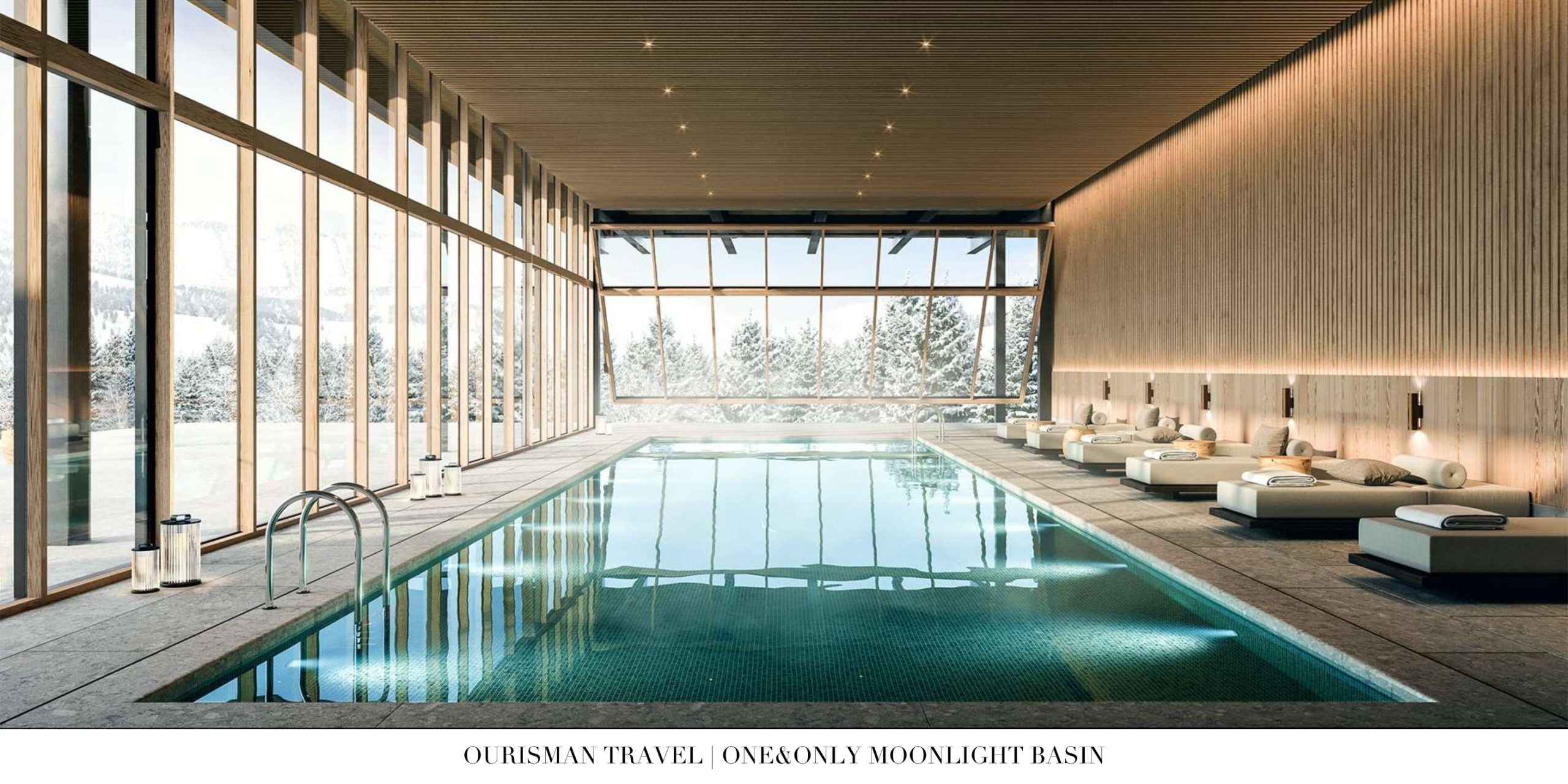 Indoor pool at the spa at One&Only Moonlight Basin featuring tranquil lighting, natural stone design, and serene mountain-inspired ambiance in Big Sky, Montana.