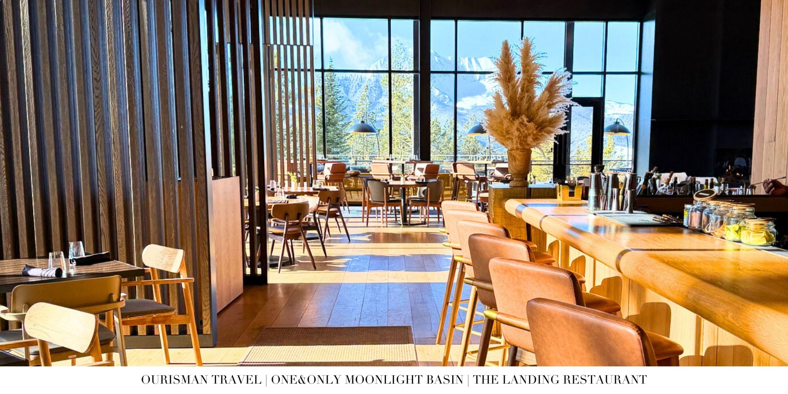 Interior of The Landing restaurant at One&Only Moonlight Basin featuring warm alpine design, natural wood finishes, and mountain views in Big Sky, Montana.