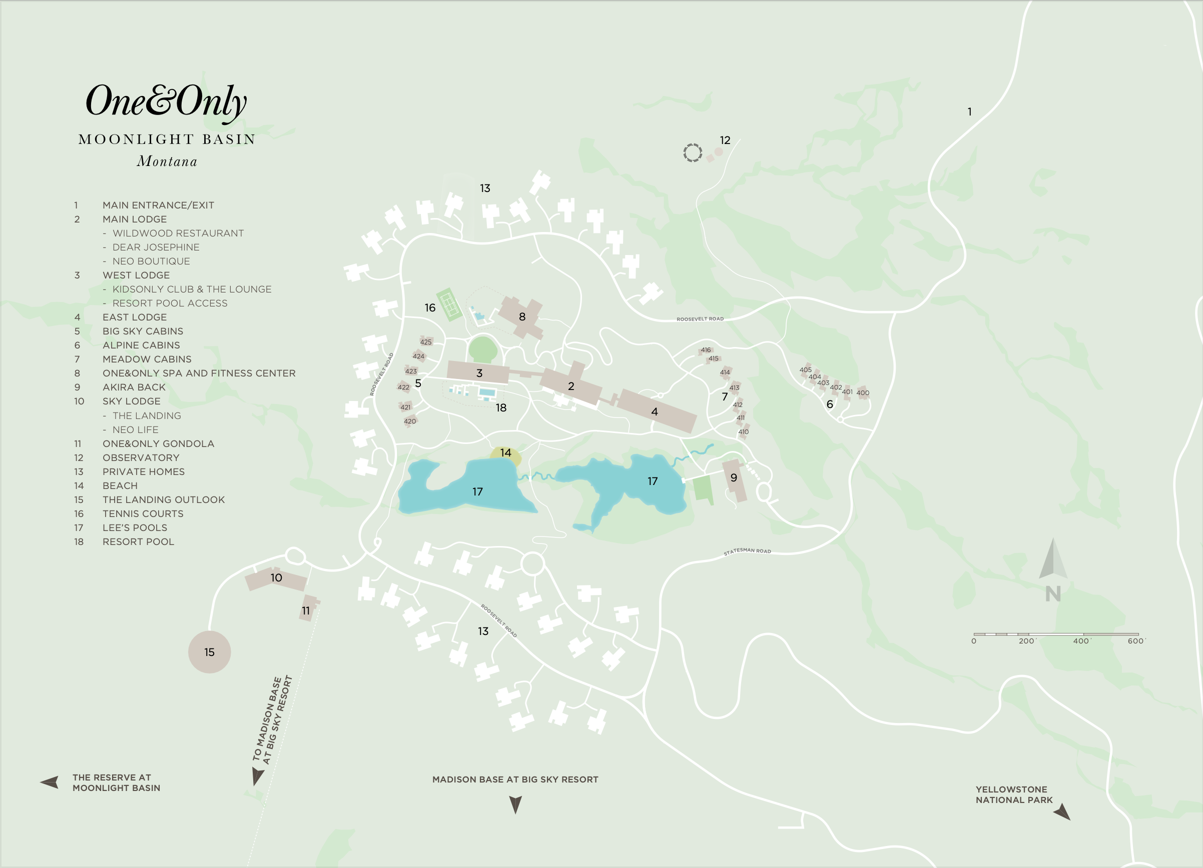 Illustrated resort map of One&Only Moonlight Basin in Big Sky, Montana, highlighting guest rooms, Sky Lodge, spa, dining venues, lake, ski access points, and surrounding mountain landscape.
