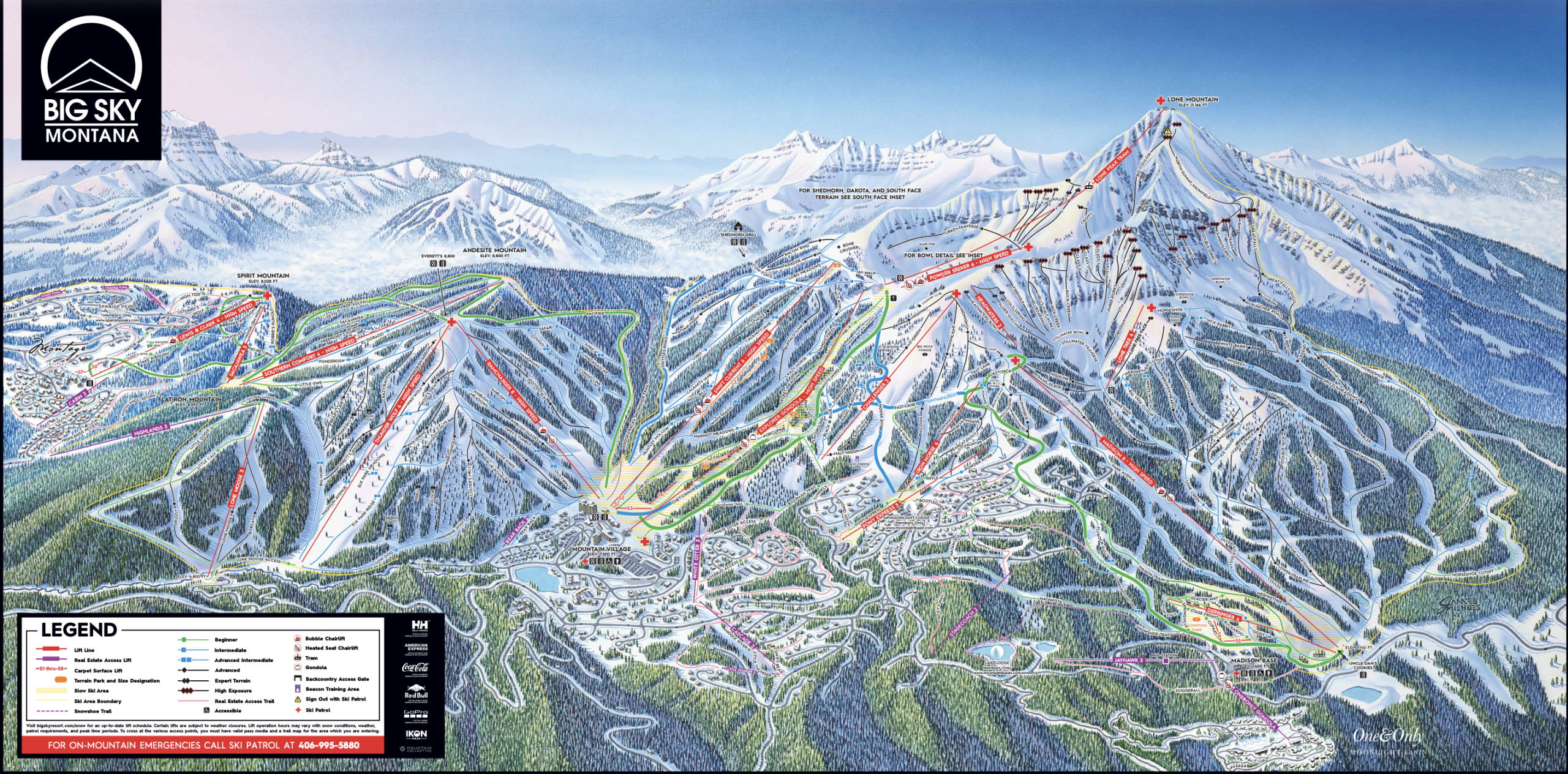 Detailed Big Sky Resort trail map showcasing ski runs, lifts, terrain parks, mountain peaks, and base areas across Lone Peak and surrounding ski terrain in Montana.