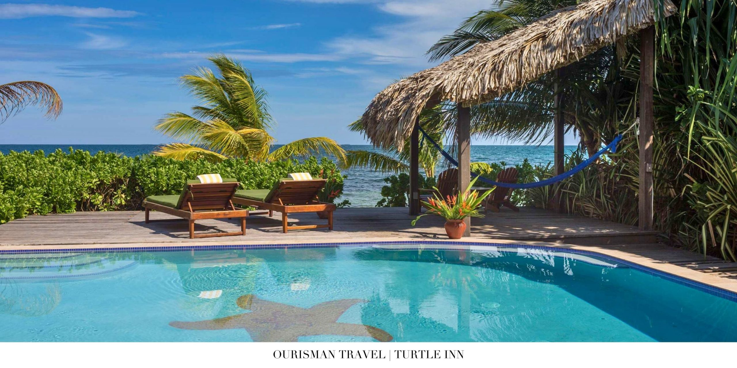 Private pool terrace at Turtle Inn surrounded by lush tropical gardens
