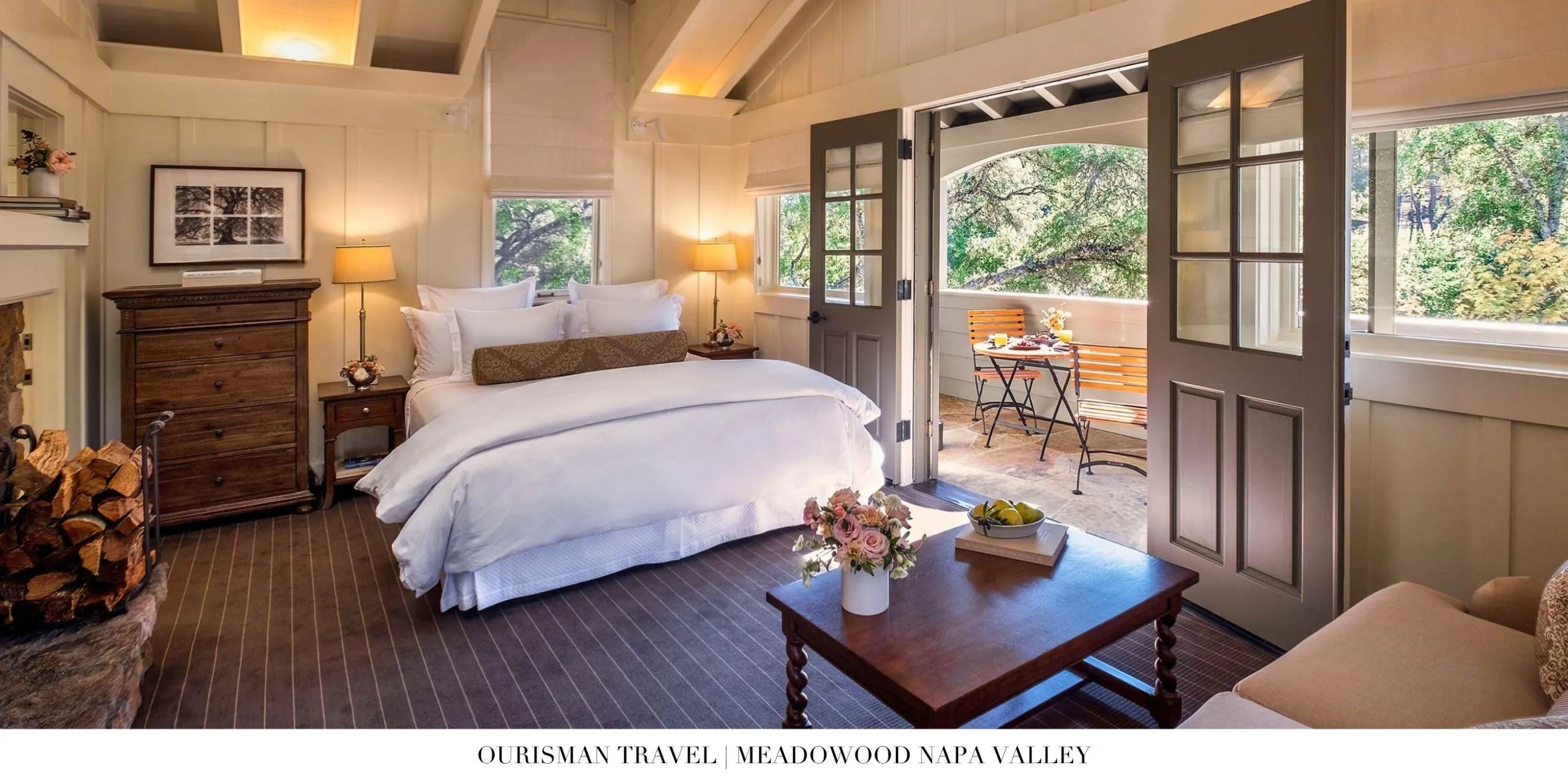 King bed with garden views in a Meadowood Napa Valley room