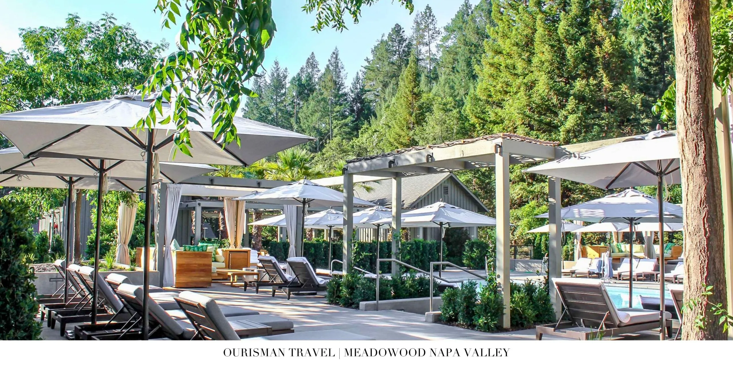 Poolside loungers at Meadowood Napa Valley surrounded by gardens