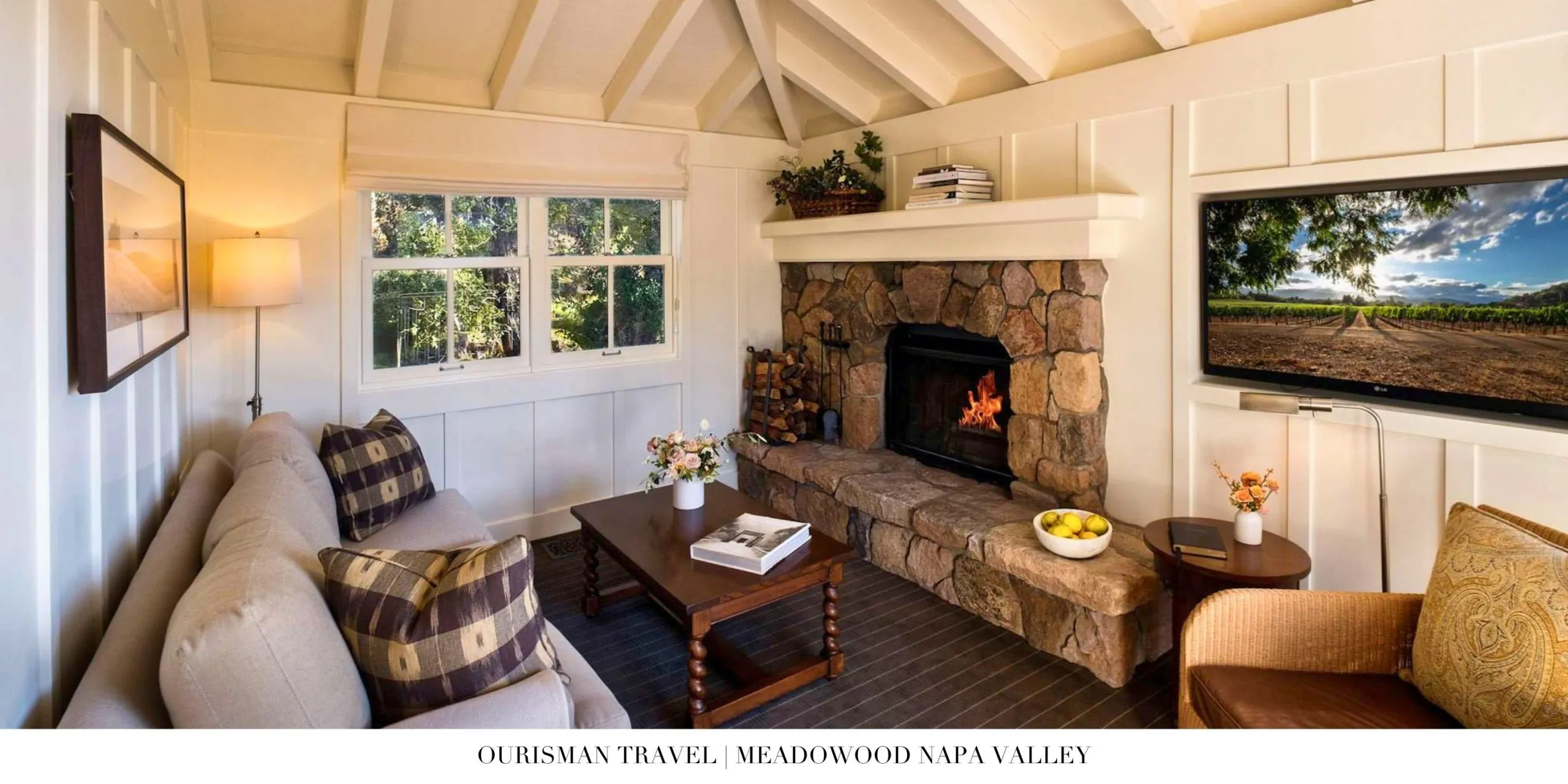 Fireplace in a Meadowood Napa Valley villa bedroom