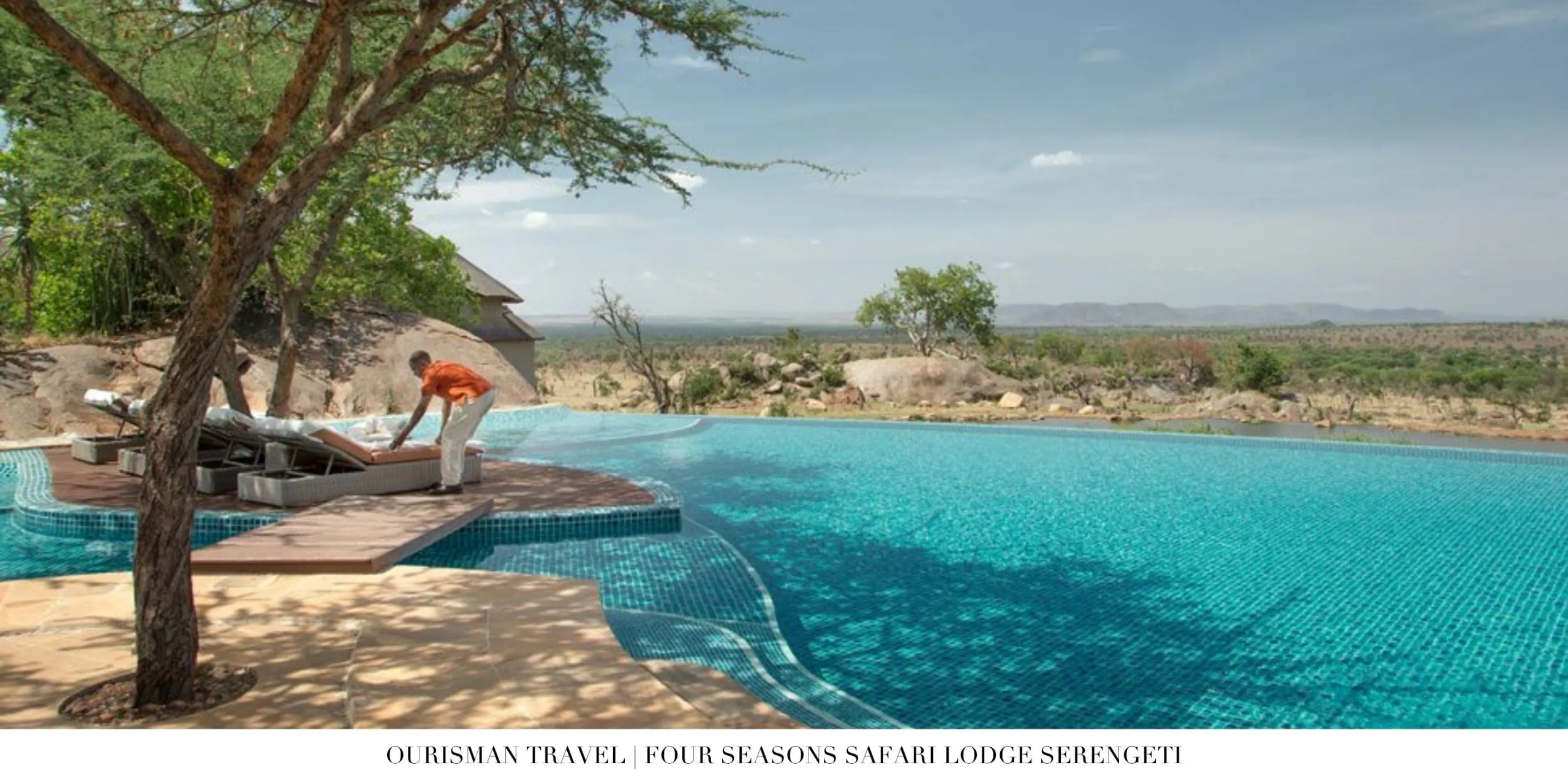 iconic Serengeti lodge with infinity pool and savanna backdrop