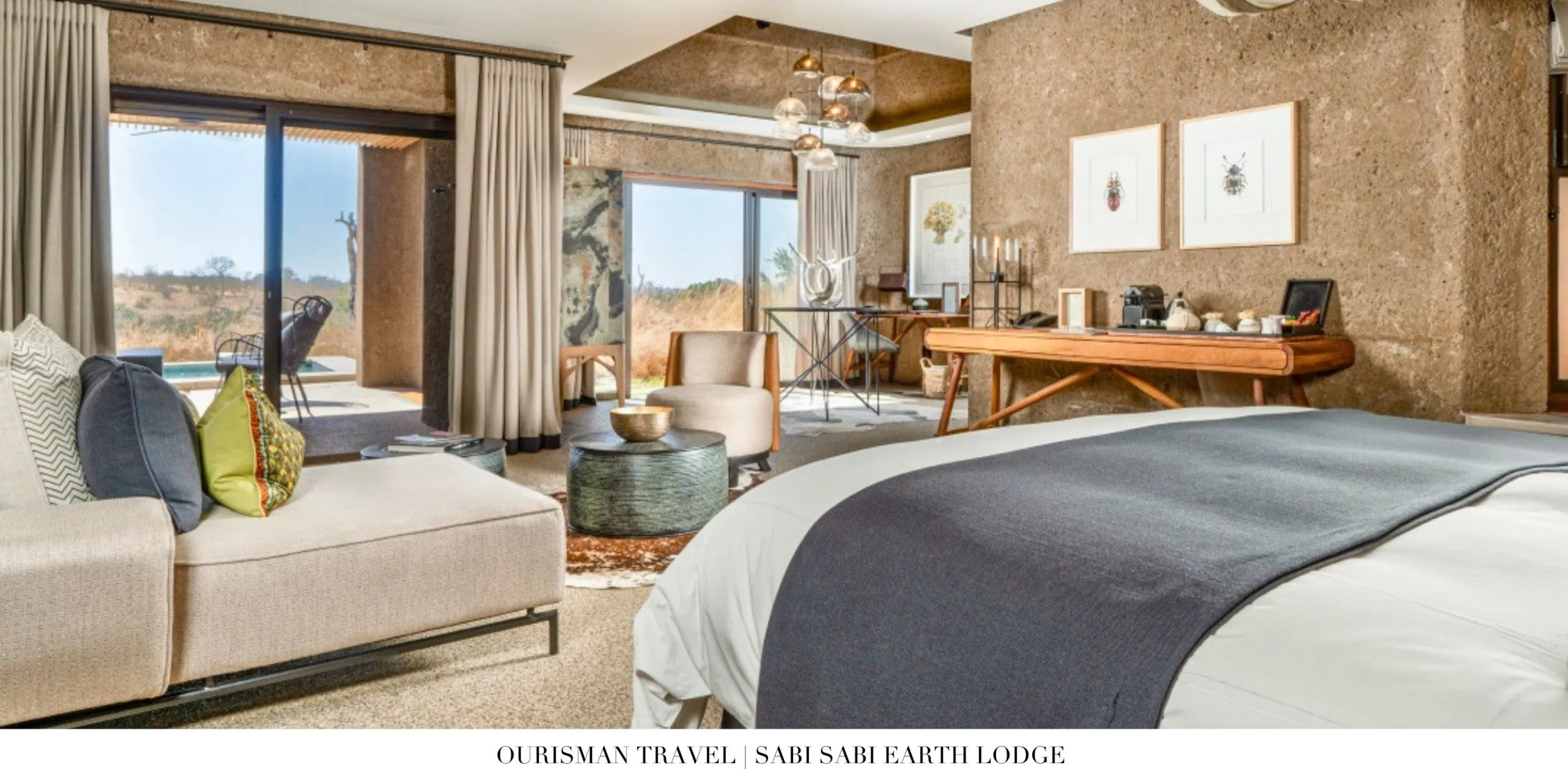 Bedroom with floor-to-ceiling views of the bush at Earth Lodge