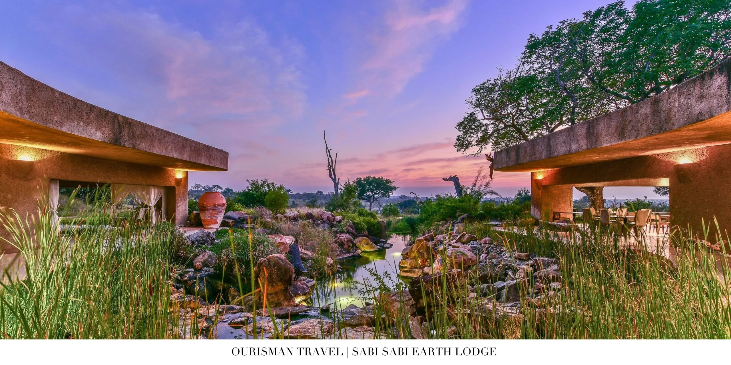 Earth Lodge main area with water feature and curved architecture