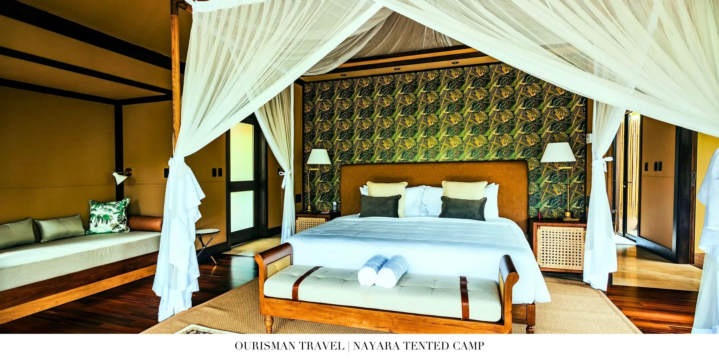 Interior of a luxury safari-style tent at Nayara Tented Camp in Costa Rica