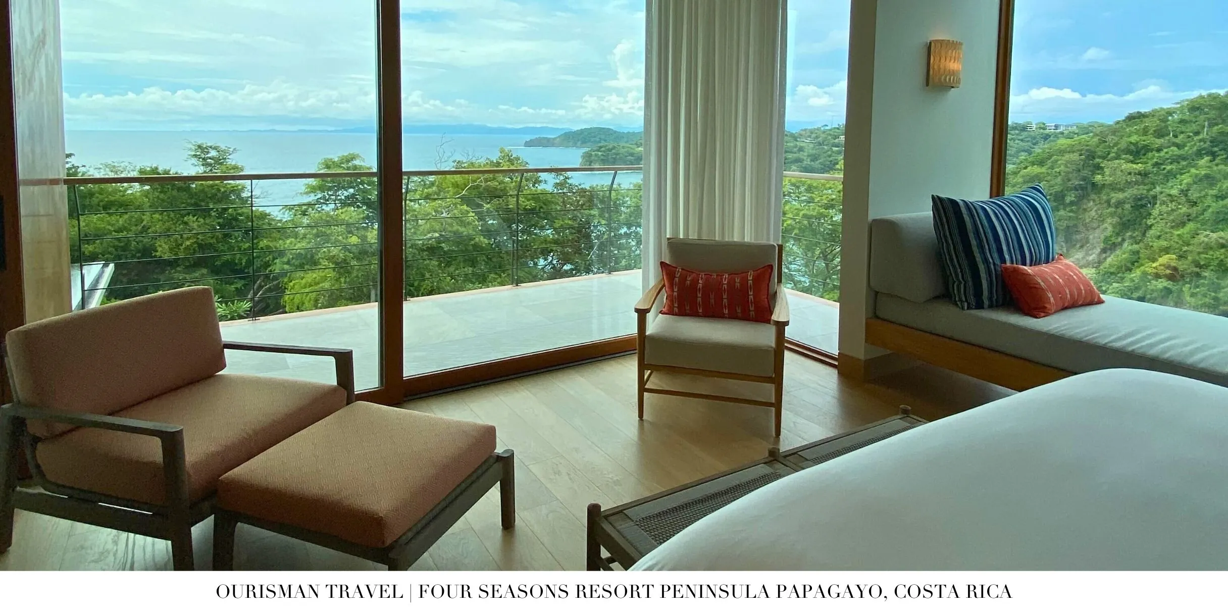 Oceanfront view of Four Seasons Costa Rica at Peninsula Papagayo surrounded by lush tropical landscape