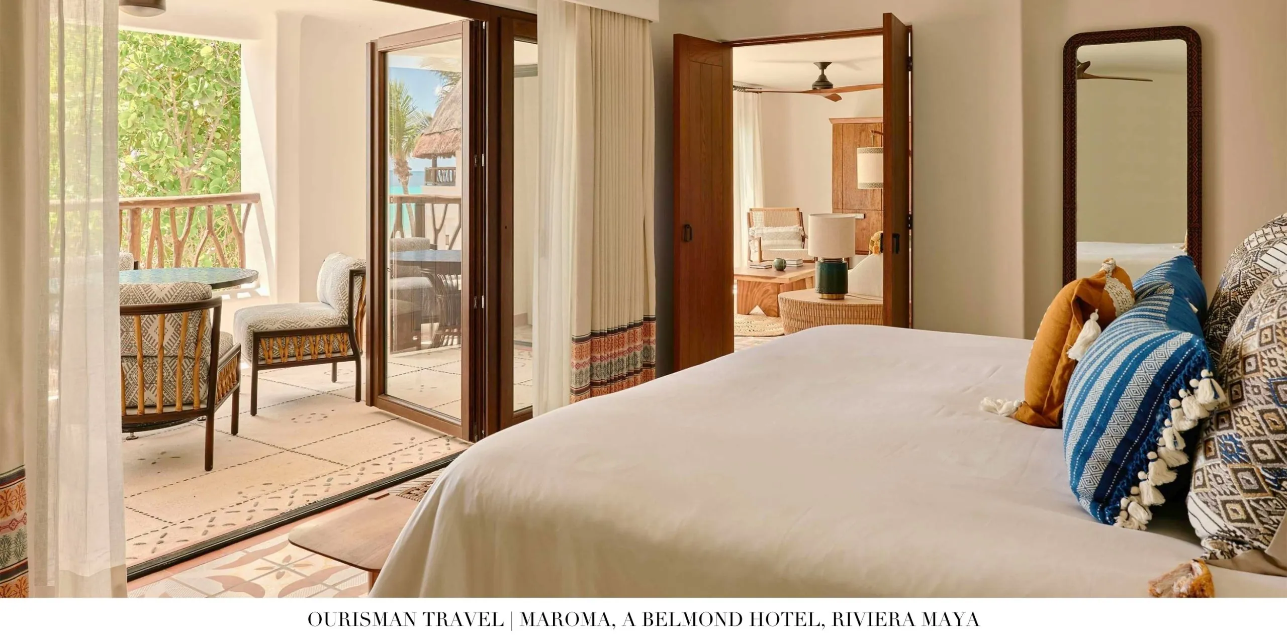 King bed and seating area in Maroma Belmond Hotel room