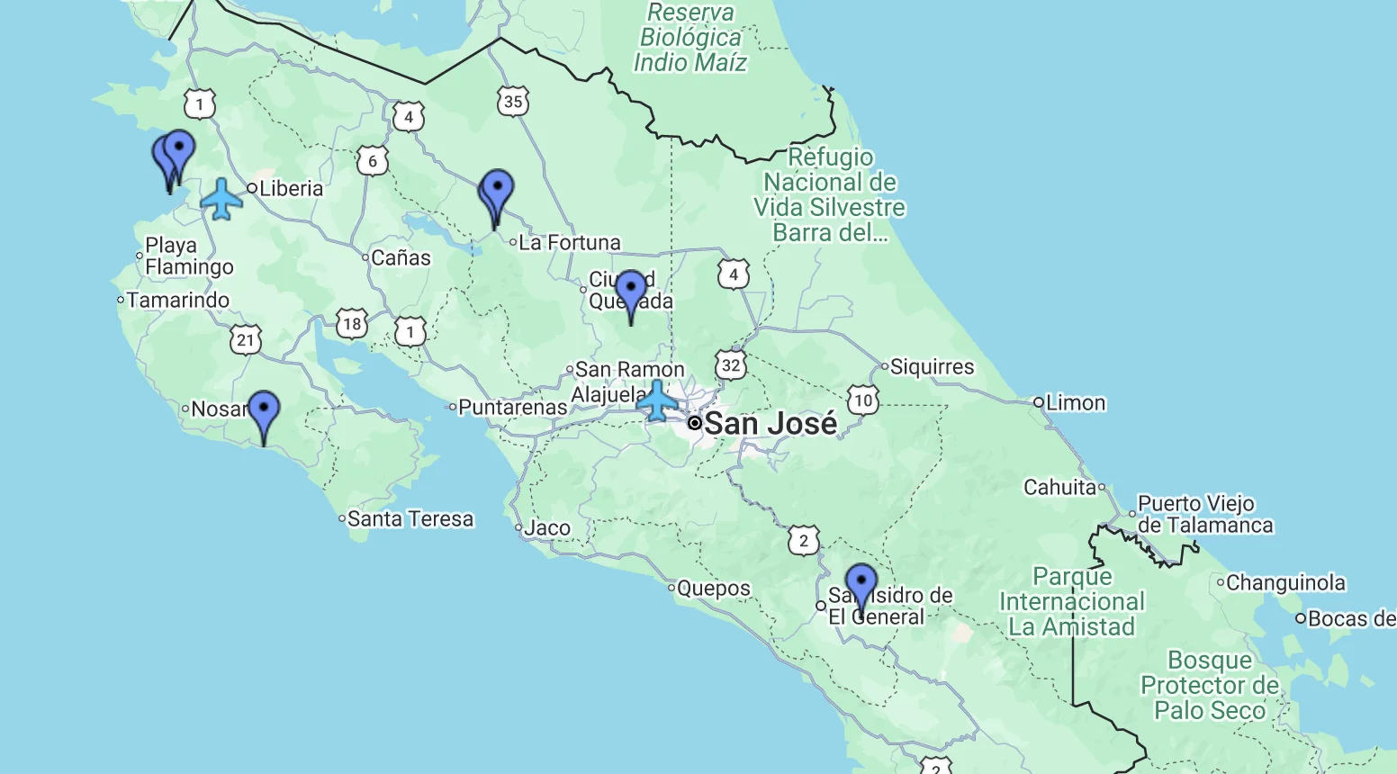 Map of luxury hotels in Costa Rica