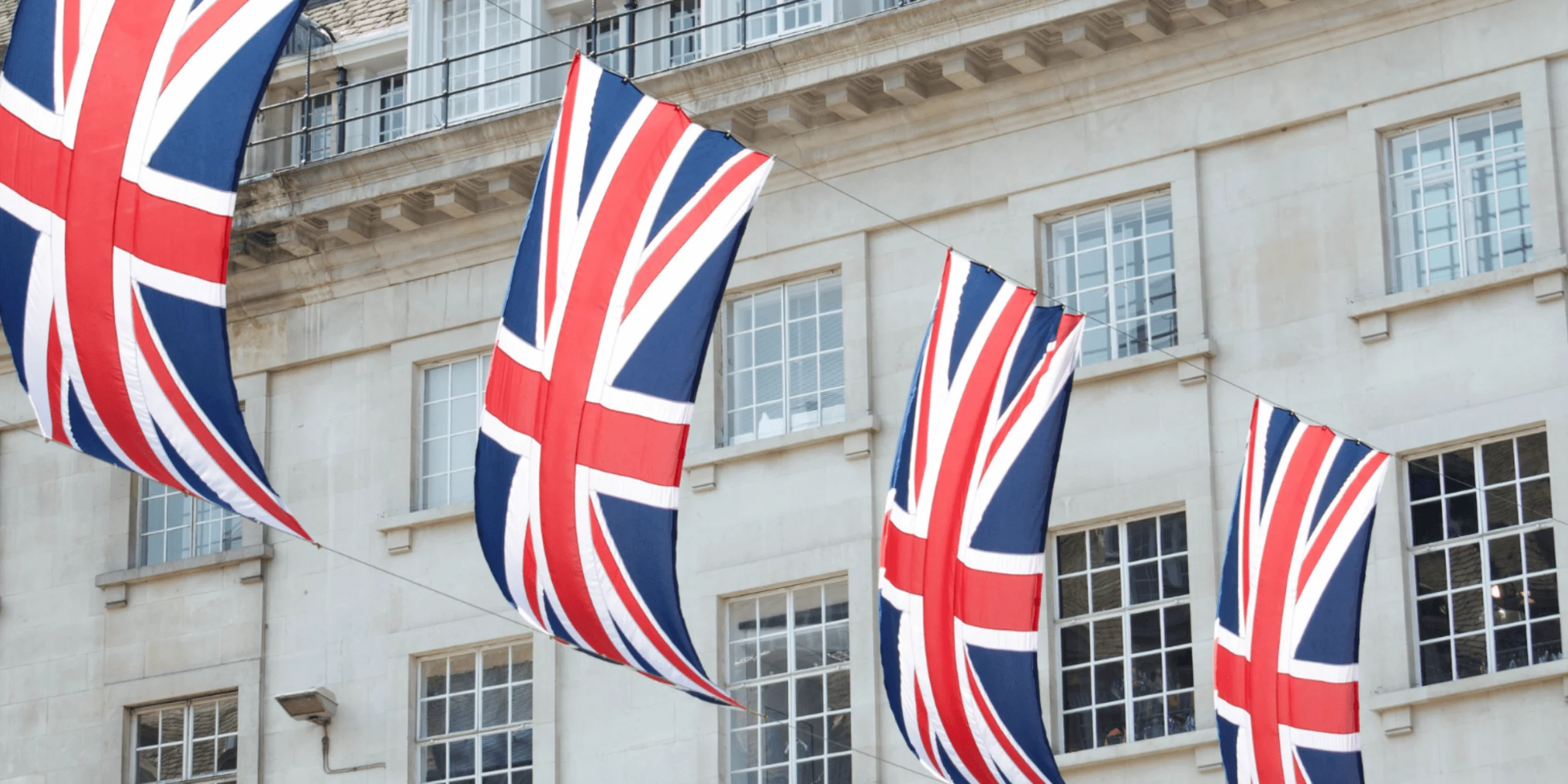 Union Jack flags on building in London