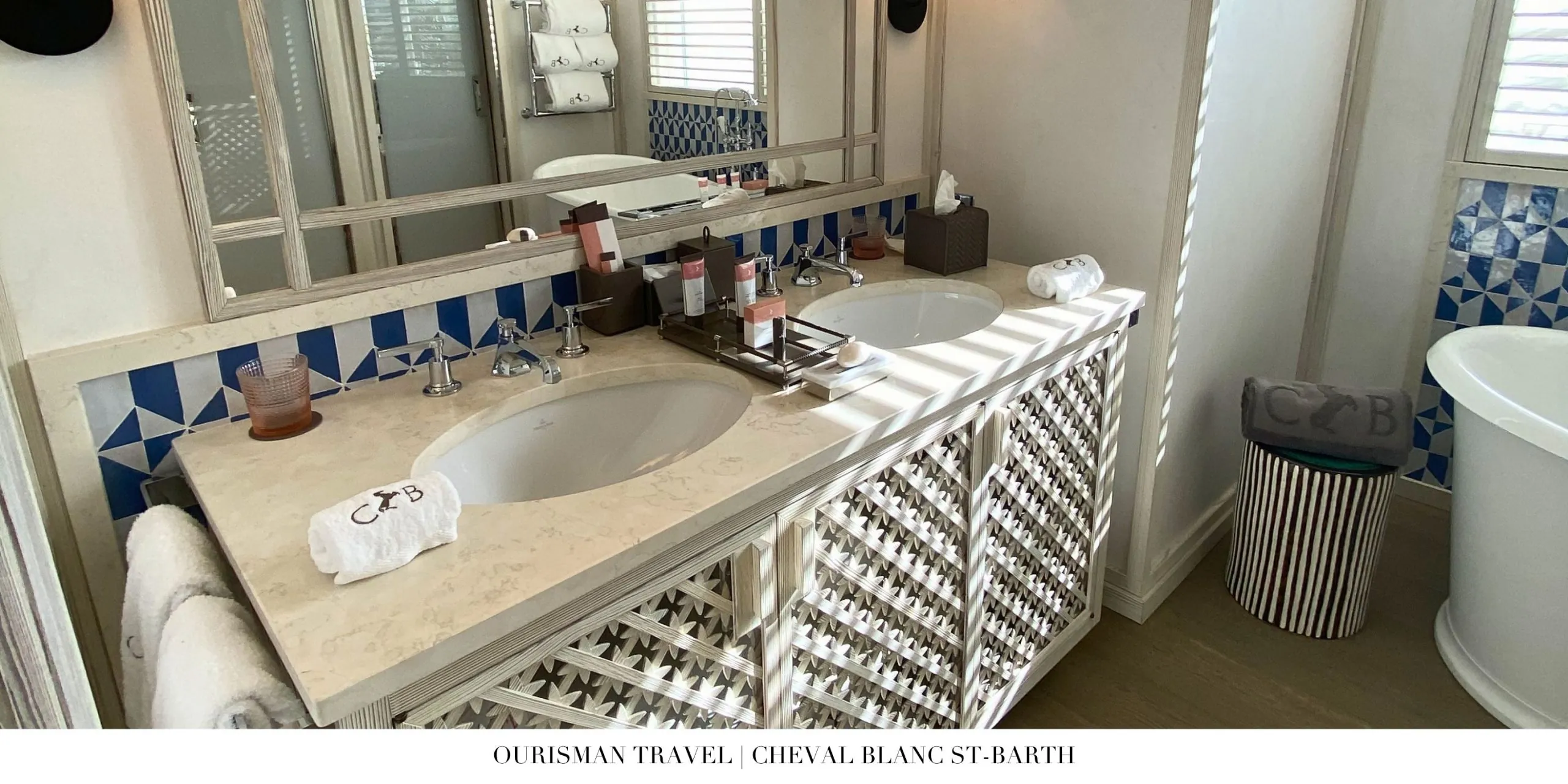 Guest bathroom at Cheval Blanc Saint-Barth with a freestanding soaking tub.