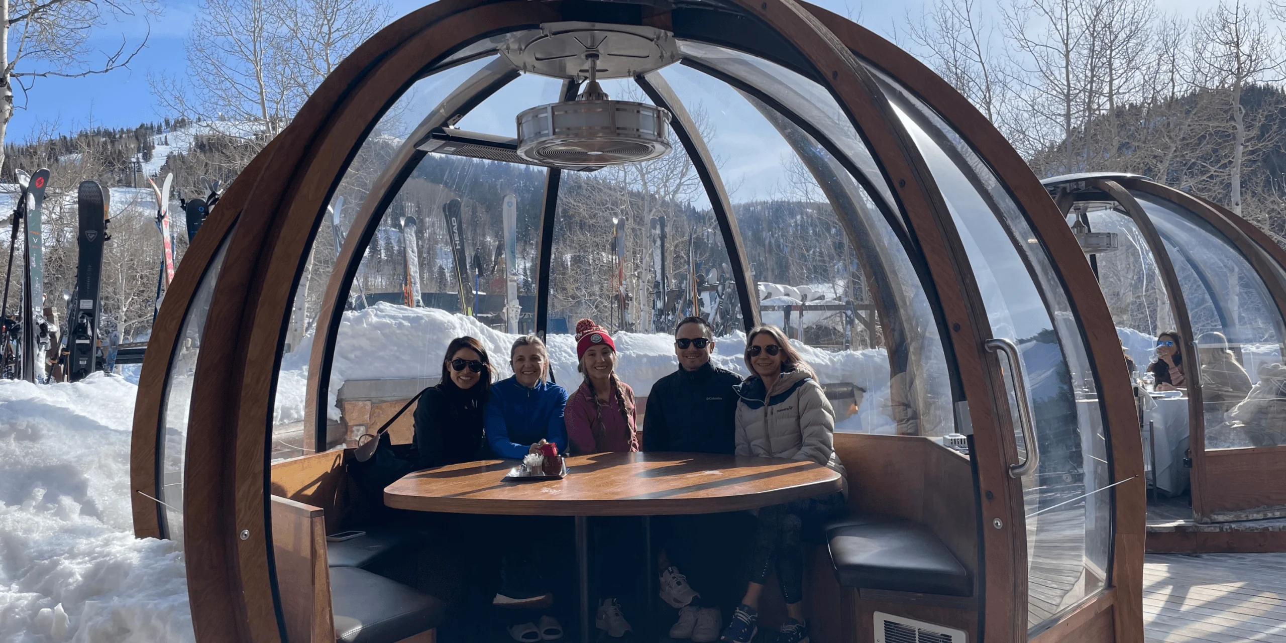 Group dining in glass dome with snowy mountain view