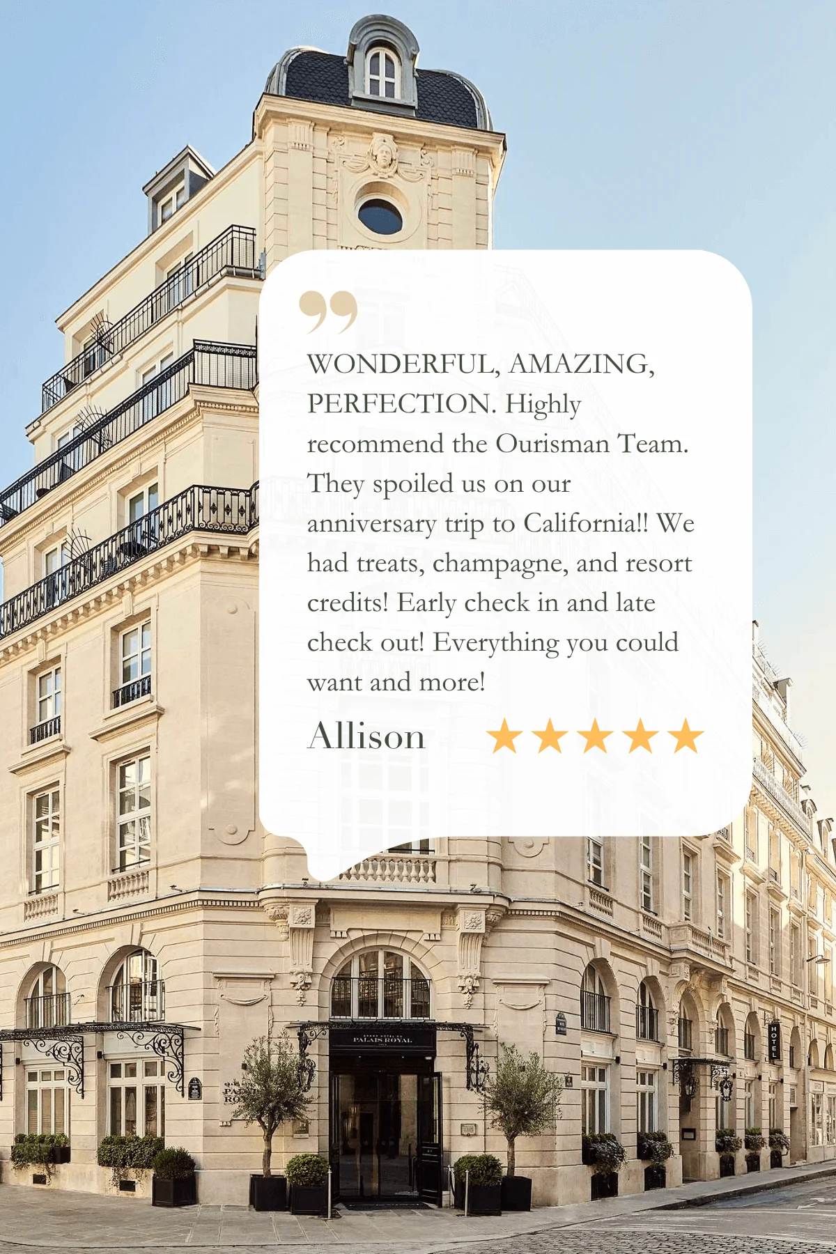 Client testimonial graphic for Alila Marea Beach Resort displayed over a Parisian-style hotel exterior
