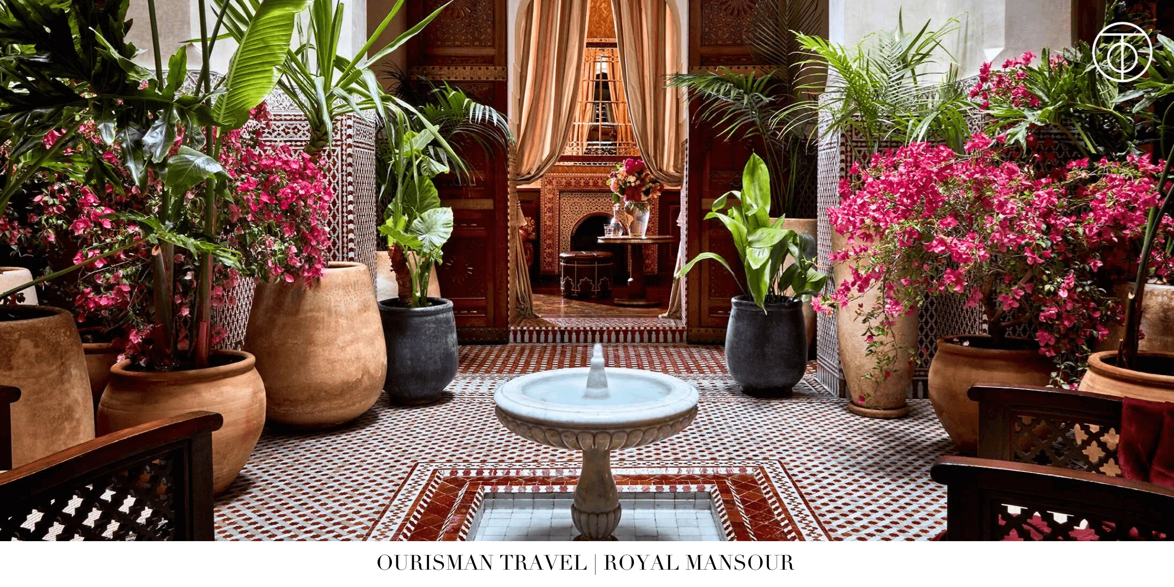 Interior courtyard at Royal Mansour in Marrakech with mosaic tilework and tropical plants