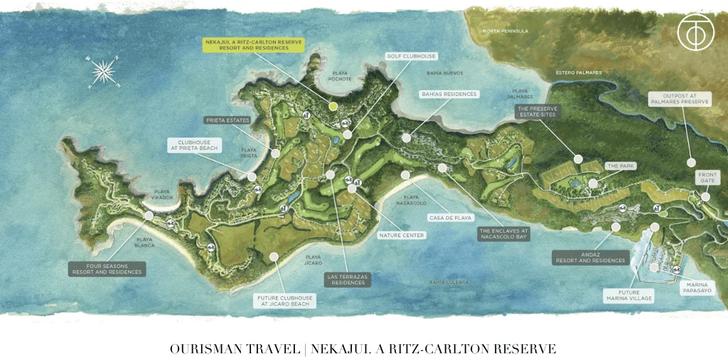 Illustrated resort map of Nekajui, a Ritz-Carlton Reserve in Peninsula Papagayo, Costa Rica