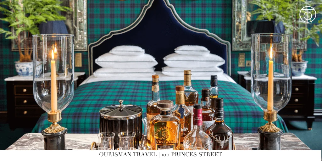 Guest room at 100 Princes Street in Edinburgh with tartan design details