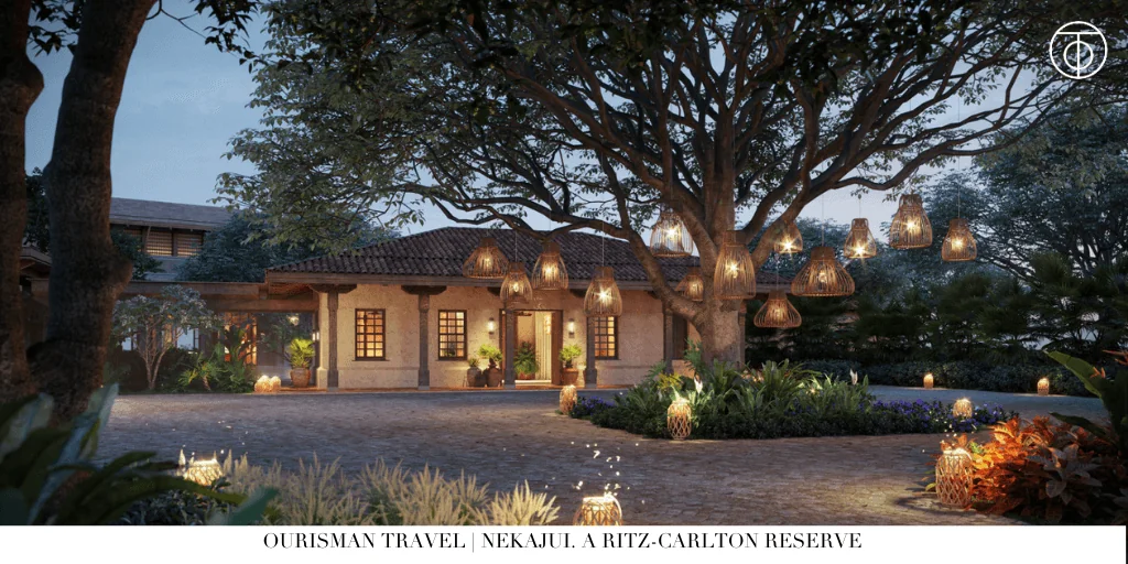 Evening exterior arrival view at Nekajui, a Ritz-Carlton Reserve in Costa Rica