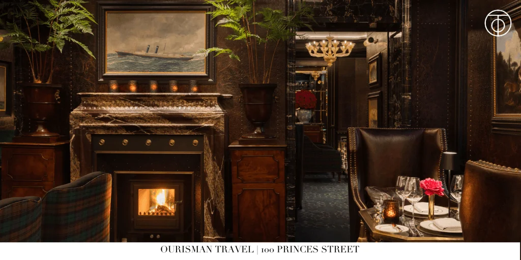 Fireplace lounge at 100 Princes Street in Edinburgh