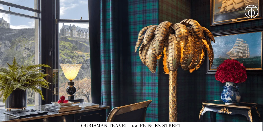 Window seating area at 100 Princes Street overlooking Edinburgh
