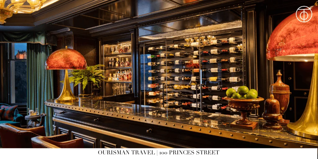 Whisky display and bar interior at 100 Princes Street in Edinburgh