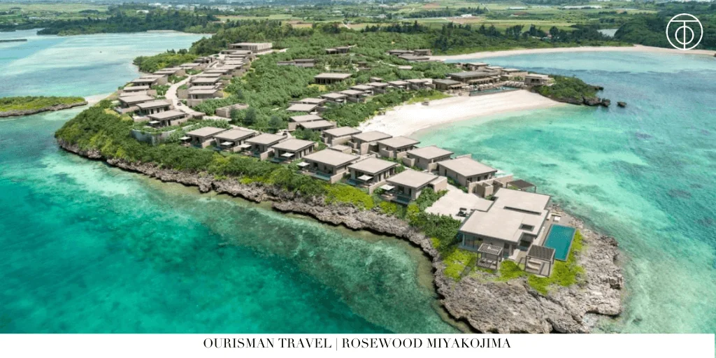 Aerial view of Rosewood Miyakojima resort along the coastline in Japan